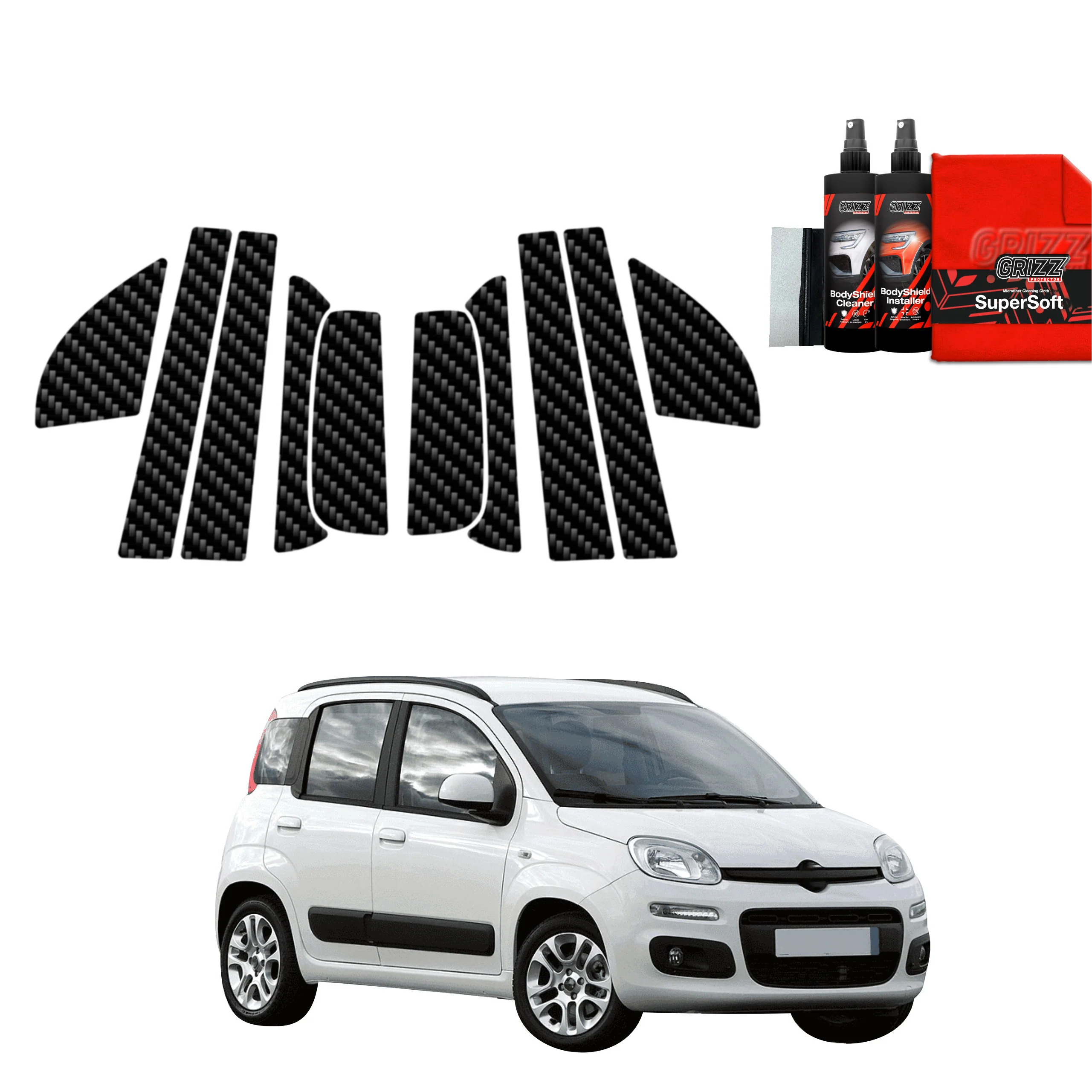 10in1 Kohlenstoff Schutzfolie Grizz Protector für A-B-C-Säule - Fiat Panda 3 Hatchback 5D (2011-2016)