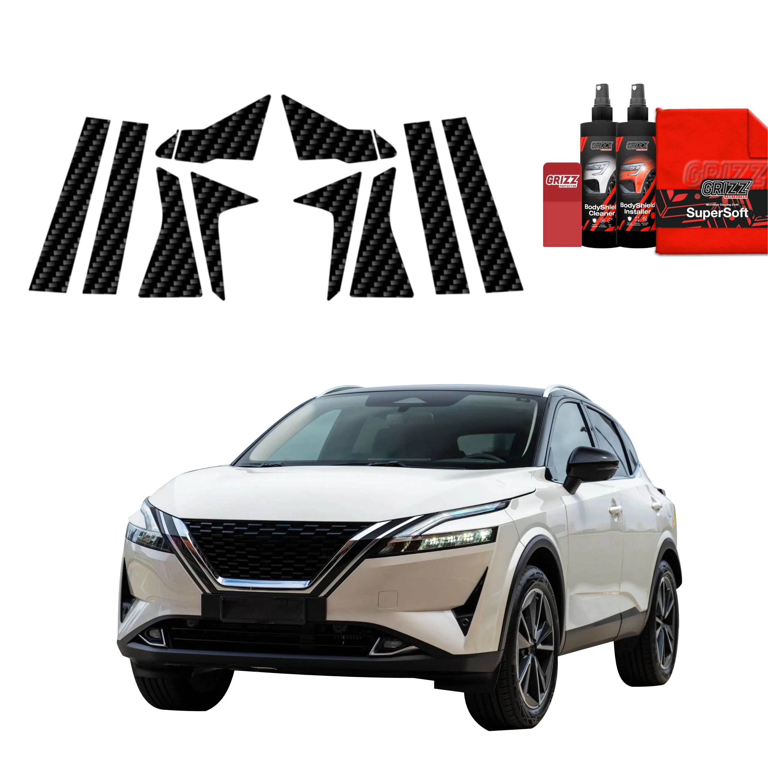 10in1 Kohlenstoff Schutzfolie Grizz Protector für A-B-C-Säule - Nissan Qashqai 3 (2021-2024)