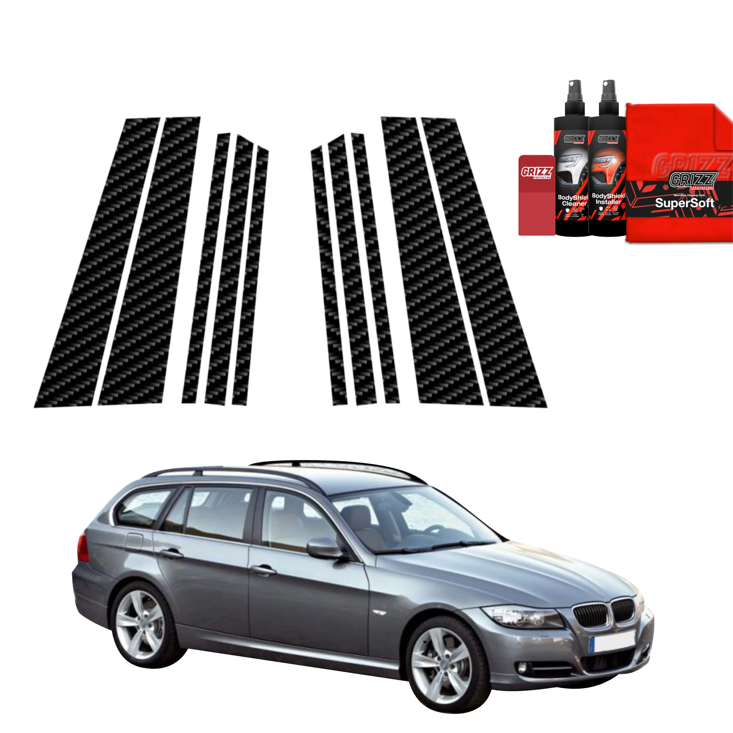 10in1 Kohlenstoff Schutzfolie Grizz Protector für B-C-Säule - BMW 3 E91 Kombi Pre-LCI (2004-2008)