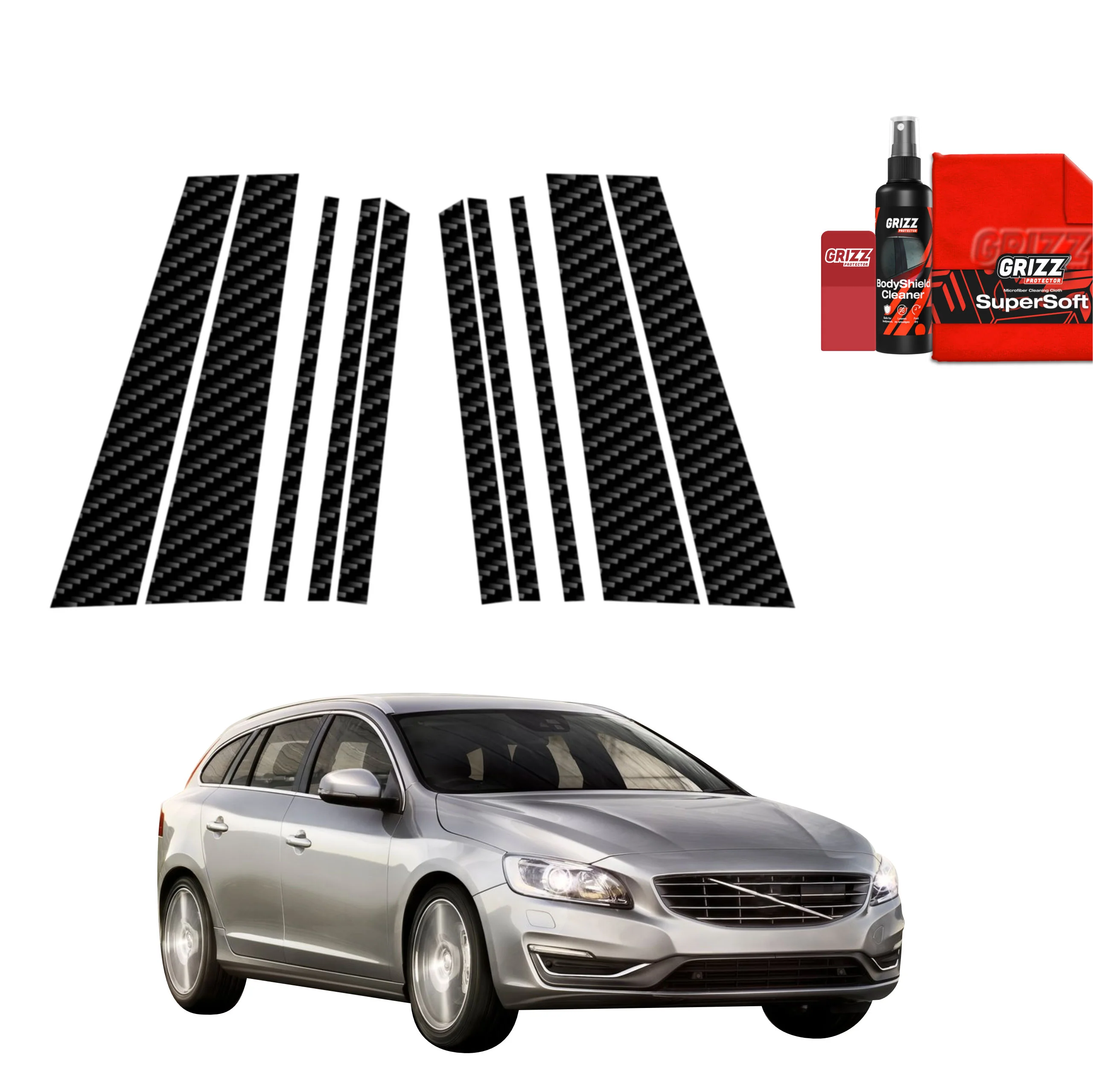 10in1 Kohlenstoff Schutzfolie Grizz Protector für B-C-Säule - Volvo V60 Kombi (2011-2018)