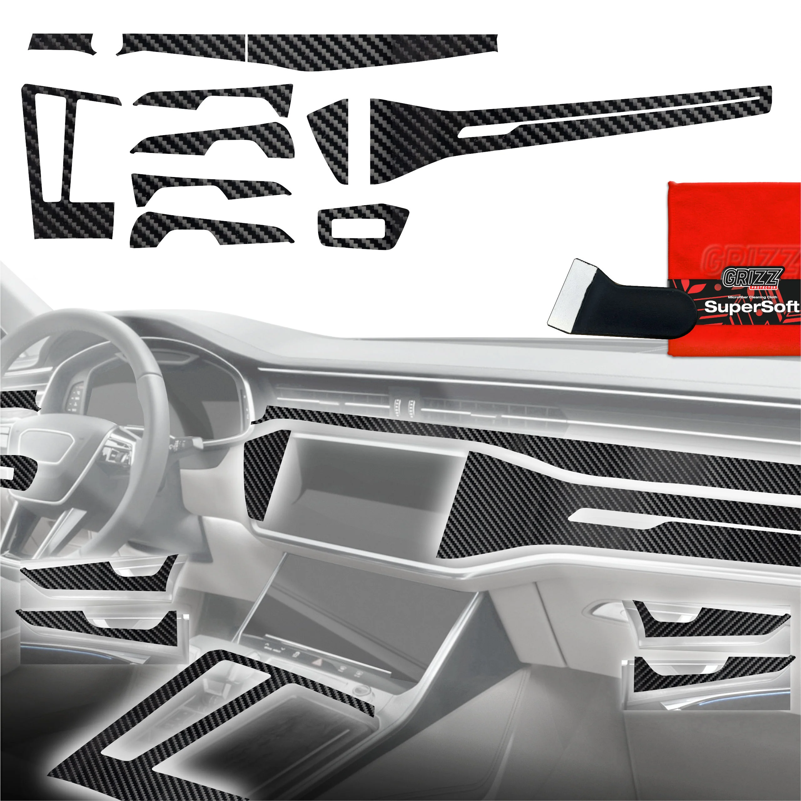 11in1 Schutzfolien Grizz Protector für Mittelkonsole & Armaturenbrett - Audi A7 C8 (2018-2025) Carbon Optik Glanz