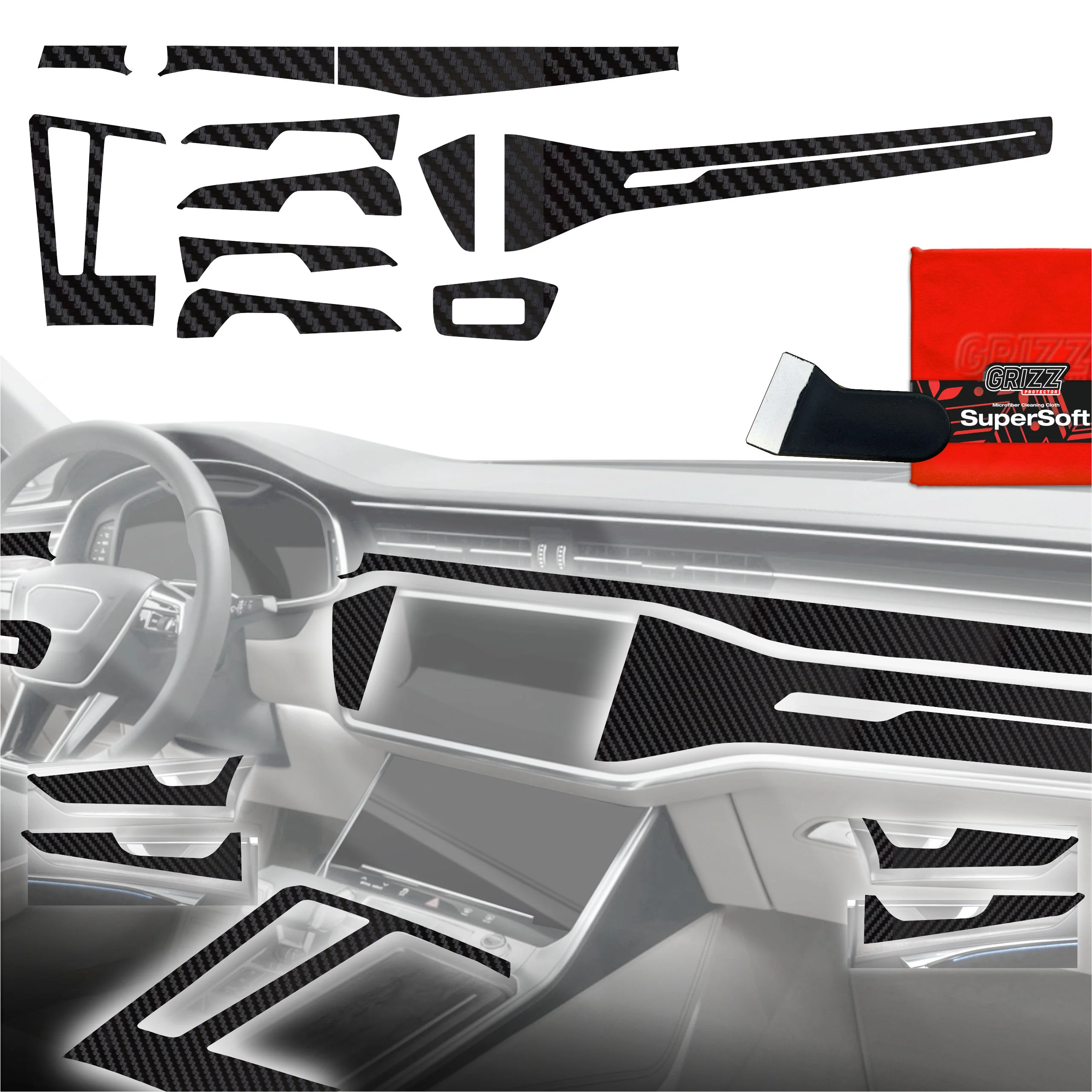 11in1 Schutzfolien Grizz Protector für Mittelkonsole & Armaturenbrett - Audi A7 C8 (2018-2025) Carbon Optik Matt Antifingerprint