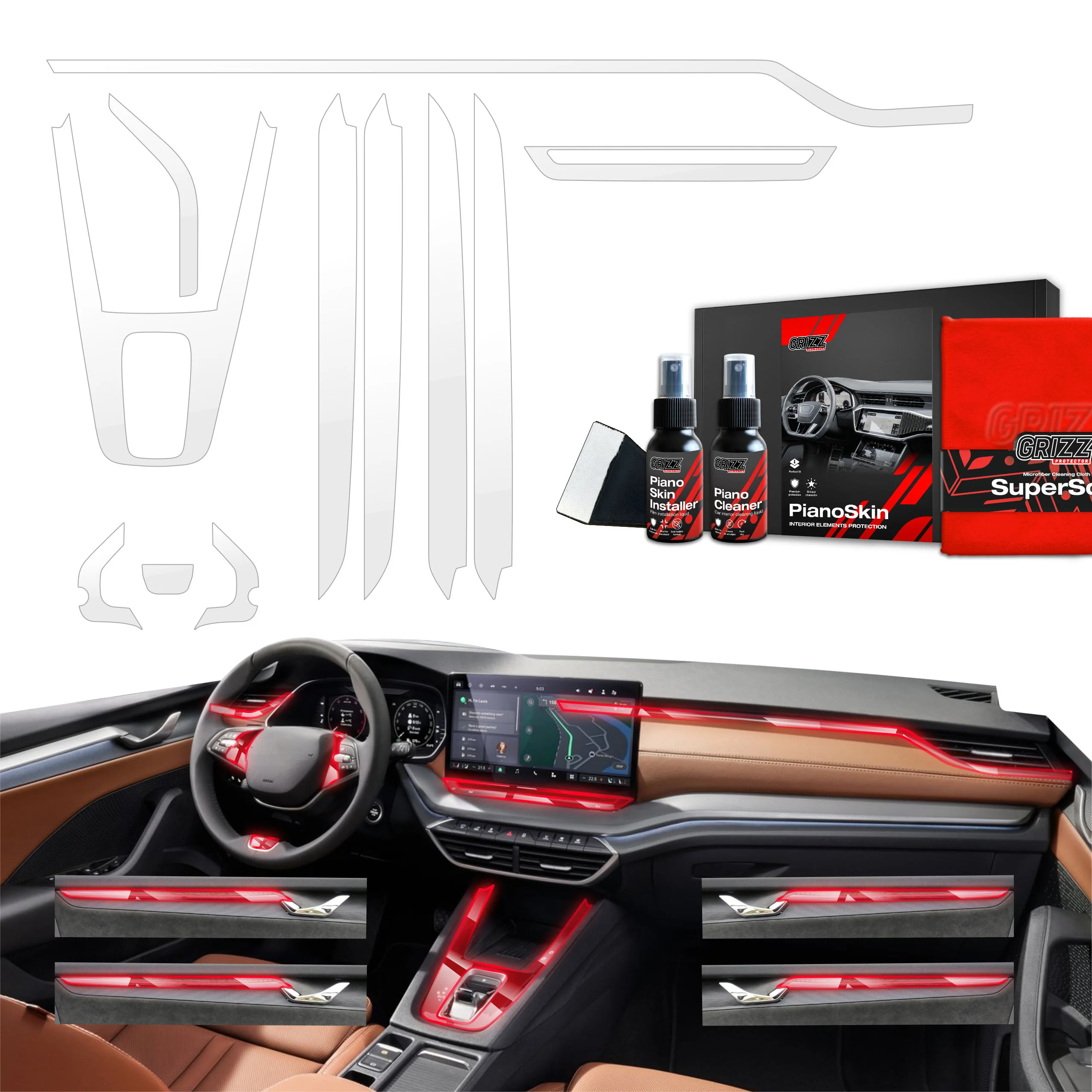 11in1 Schutzfolien Grizz Protector für Mittelkonsole & Armaturenbrett - Skoda Octavia 4 (2020-2024) Glanz