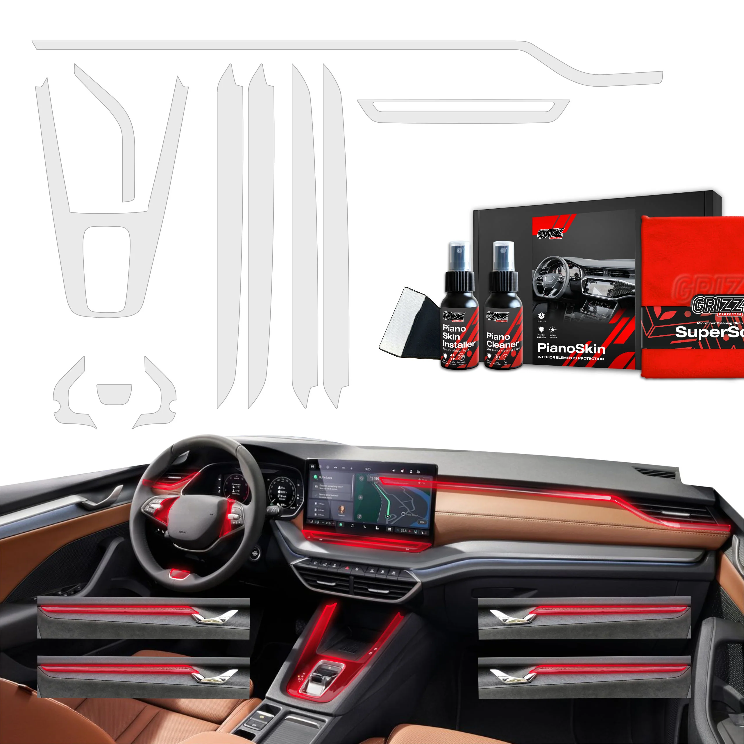 11in1 Schutzfolien Grizz Protector für Mittelkonsole & Armaturenbrett - Skoda Octavia 4 (2020-2024) Matt