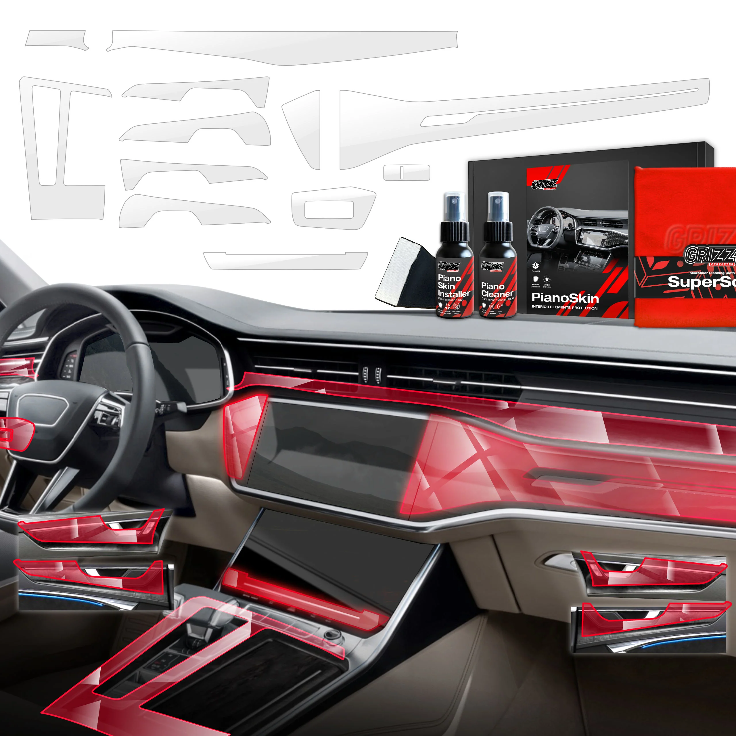 12in1 Schutzfolien Grizz Protector für Mittelkonsole & Armaturenbrett - Audi A7 C8 (2018-2025) Glanz