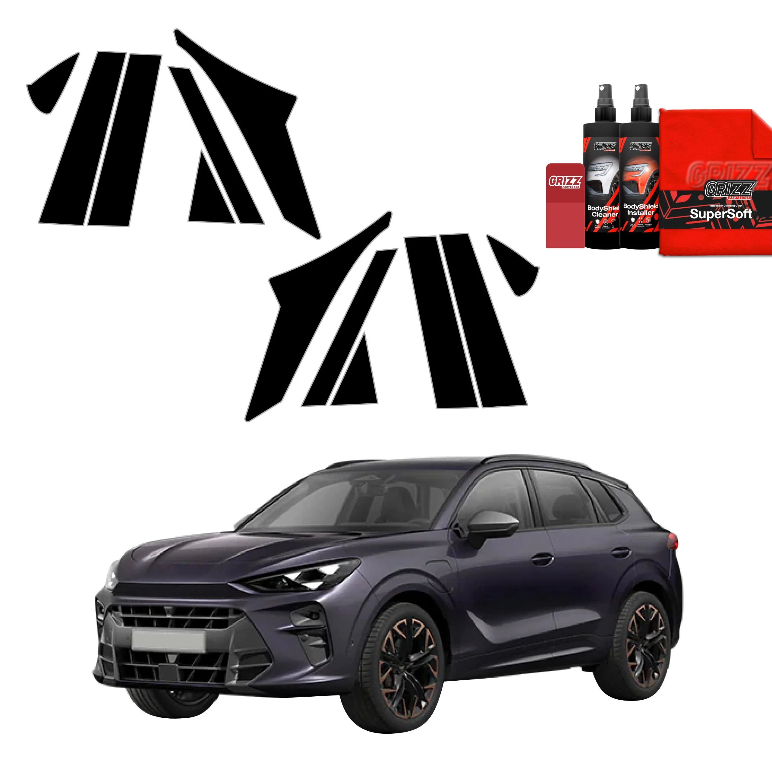 12in1 Schwarze Grizz Protector schutzfolie für A-B-C-Säule - Cupra Terramar (2024-2025)