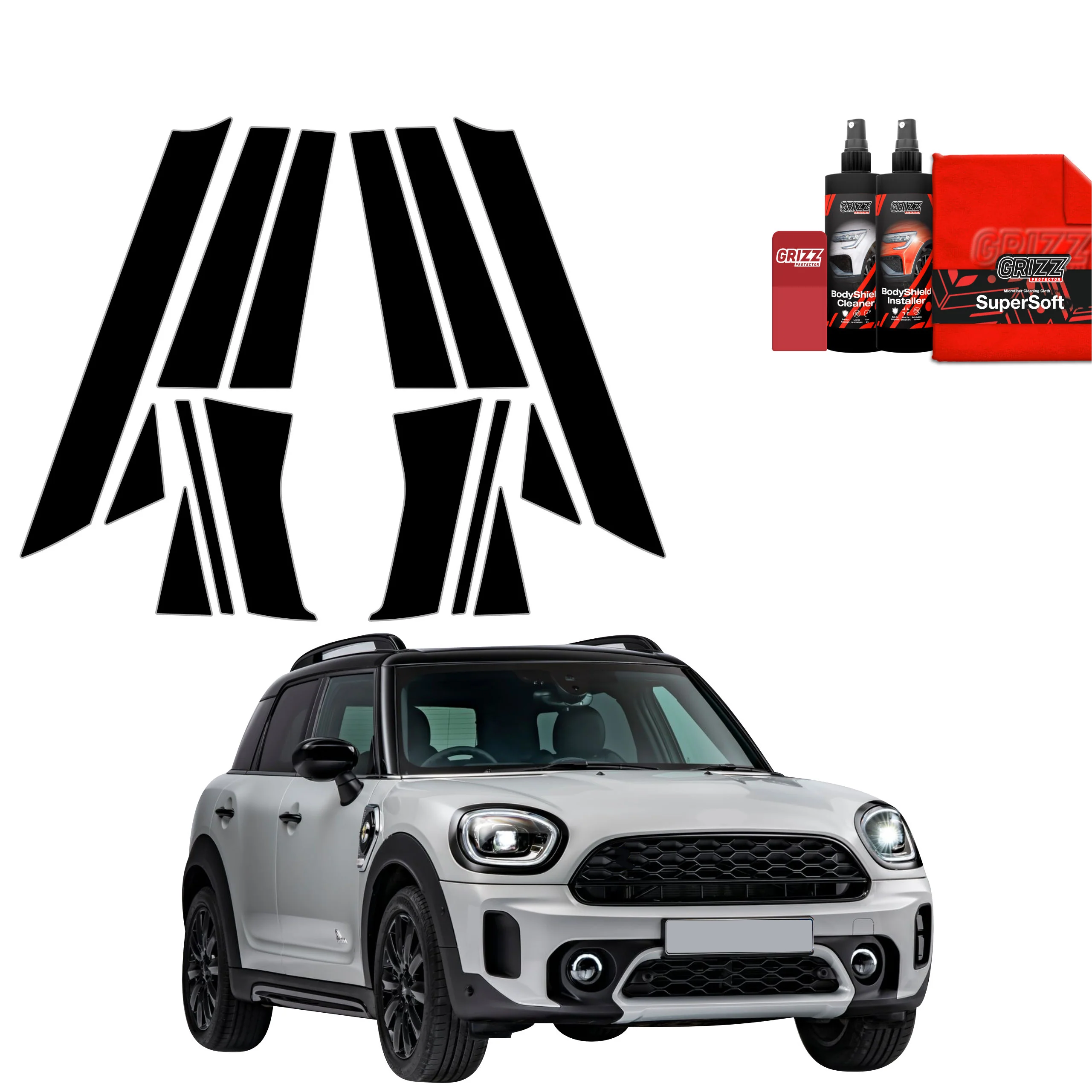 14in1 Schwarze Grizz Protector schutzfolie für A-B-C-Säule - Mini Countryman (2023- 2025)