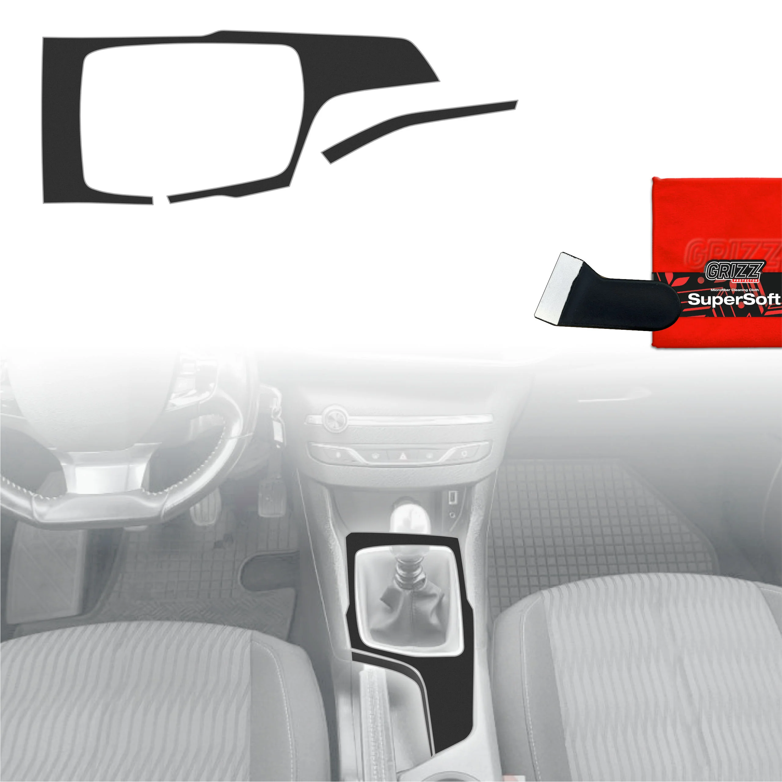 2in1 Schutzfolien Grizz Protector für Mittelkonsole - Peugeot 308 Kombi (2013-2021) Schwarz Matt Antifingerprint