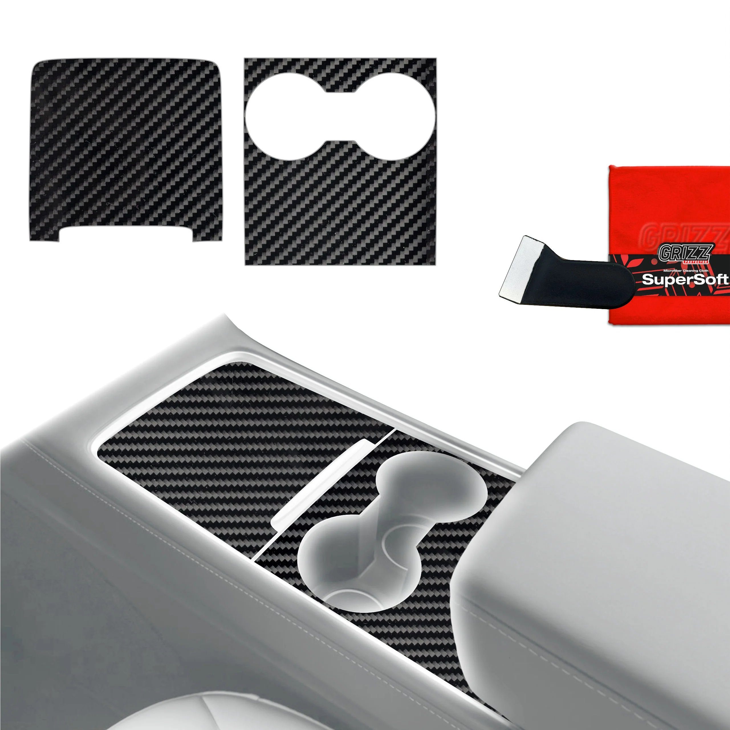 2in1 Schutzfolien Grizz Protector für Mittelkonsole - Tesla Model 3 (2021-2025) Carbon Optik Glanz