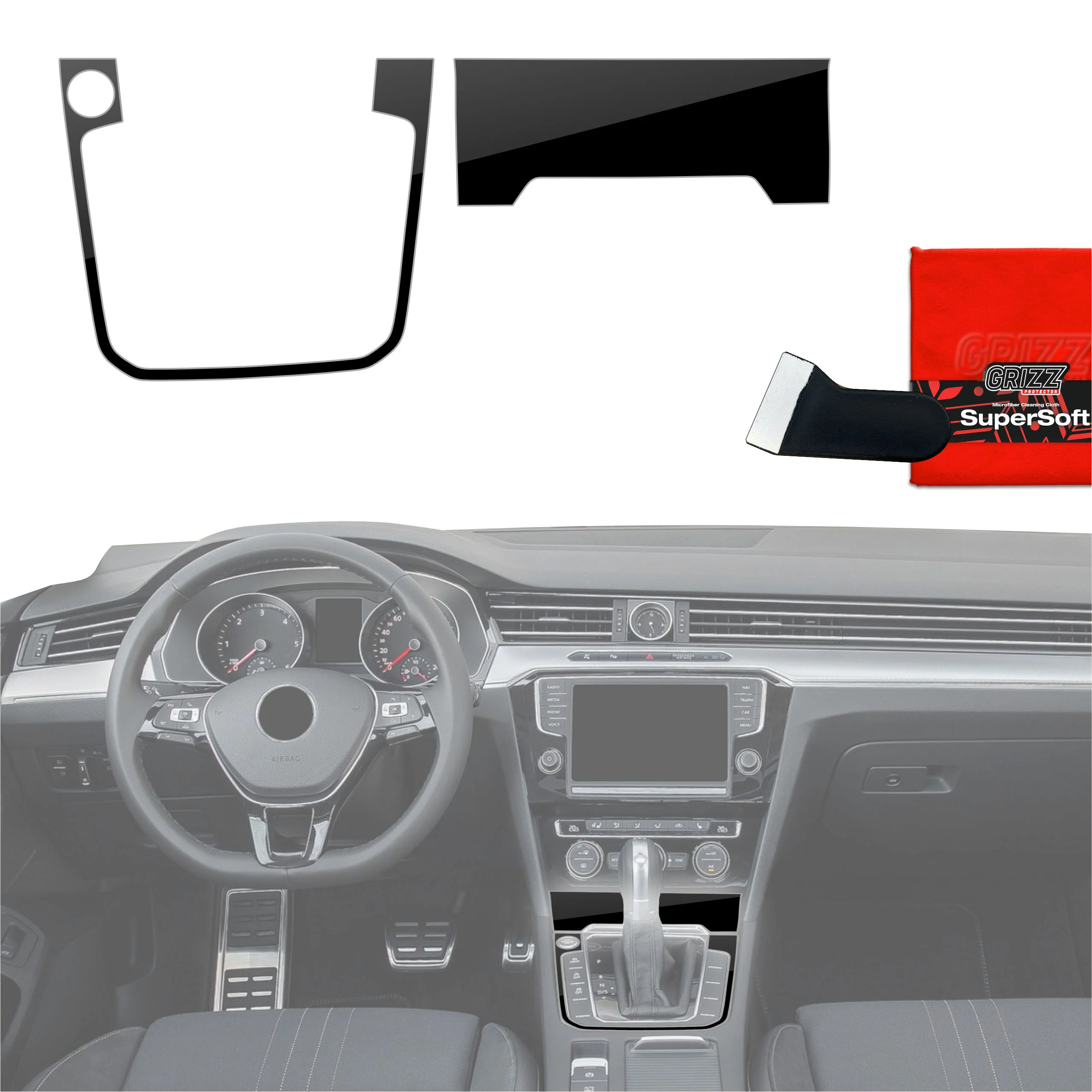 2in1 Schutzfolien Grizz Protector für Mittelkonsole - Volkswagen Passat B8 Alltrack (2014-2023) Schwarz Glanz