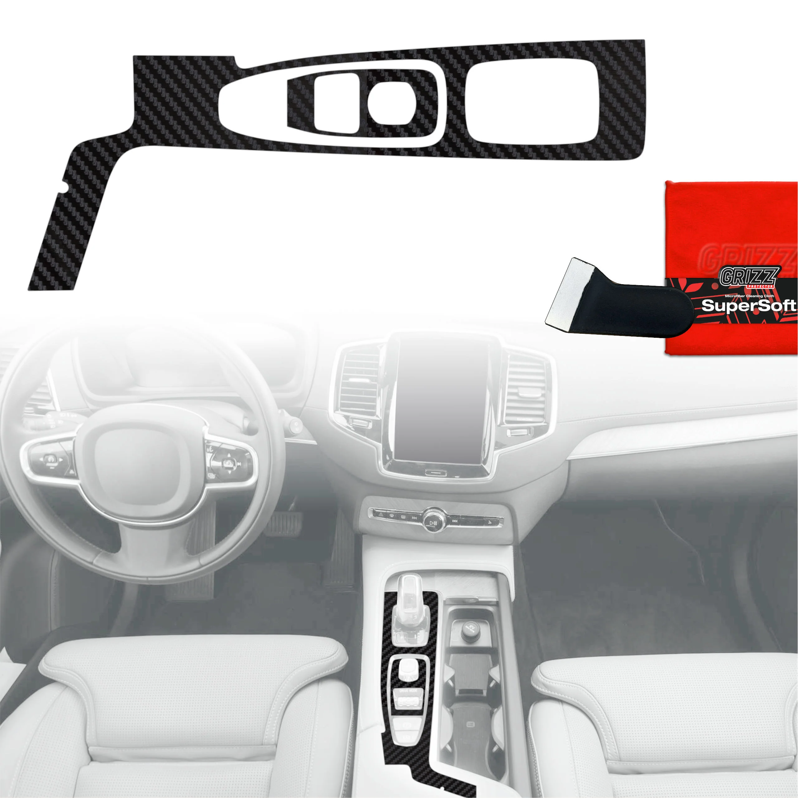 2in1 Schutzfolien Grizz Protector für Mittelkonsole - Volvo XC90 B5 Facelift Drive Mode (2019-2021) Carbon Optik Matt Antifingerprint