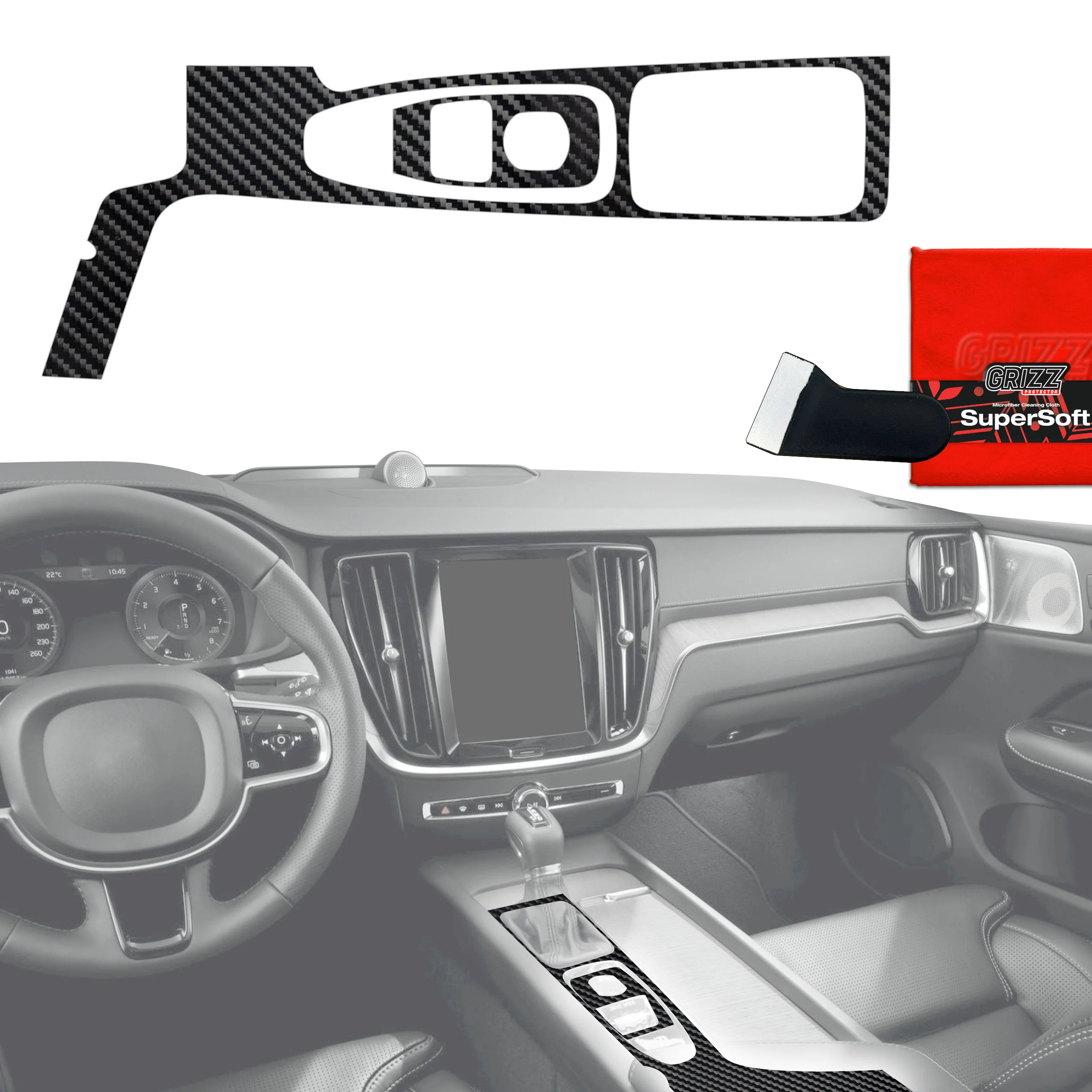 2in1 Schutzfolien Grizz Protector für Mittelkonsole - Volvo XC90 T5 Drive Mode (2015-2021) Carbon Optik Glanz