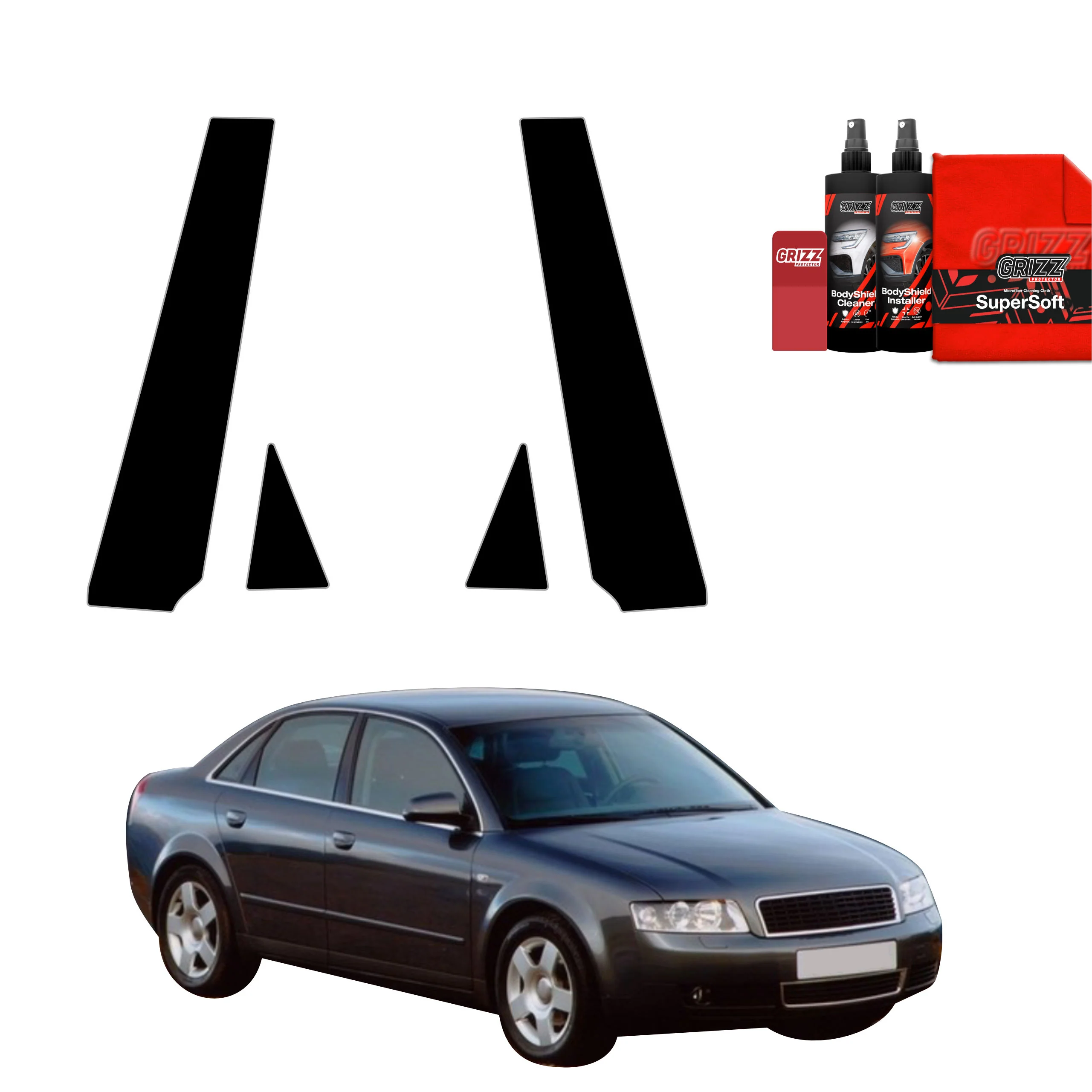 2in1 Schwarze Grizz Protector schutzfolie für B-C-Säule - Audi A4 B6 Sedan (2000-2006)
