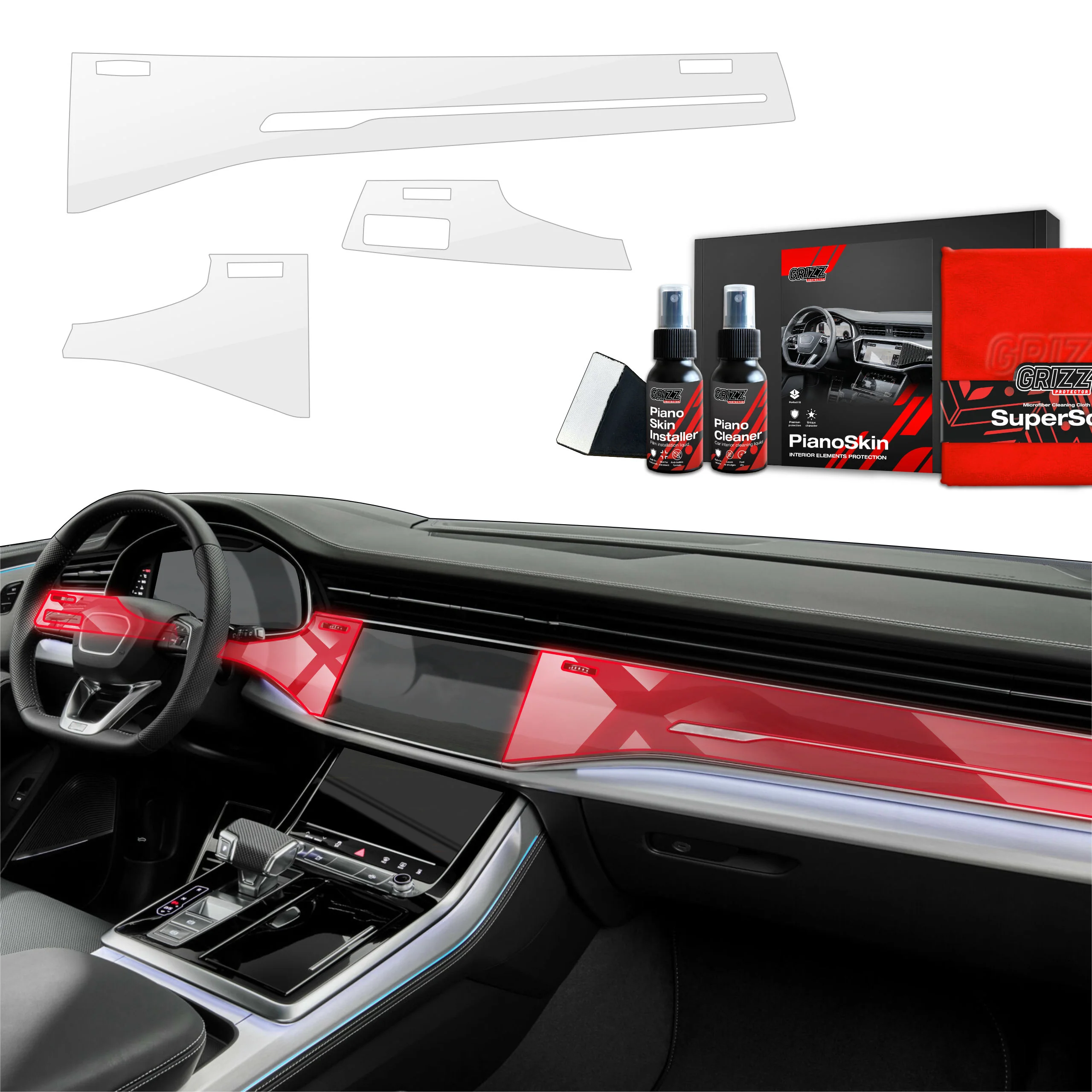 3in1 Armaturenbrett und Interieurleisten Schutzfolie Grizz Protector für Audi Q8 (2018-2025) Glanz