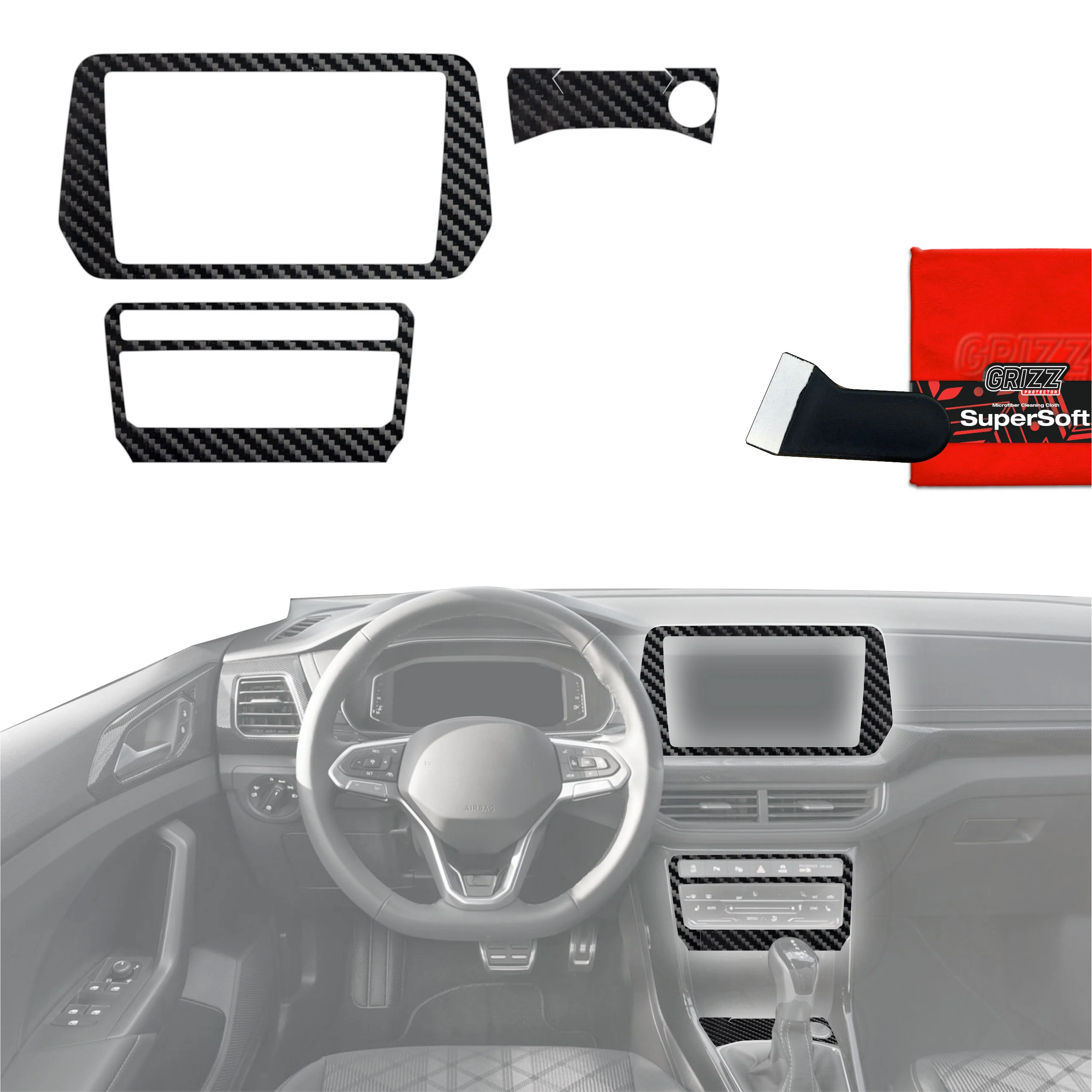 3in1 Schutzfolien Grizz Protector für Mittelkonsole - Volkswagen T-Cross (2025) Carbon Optik Glanz