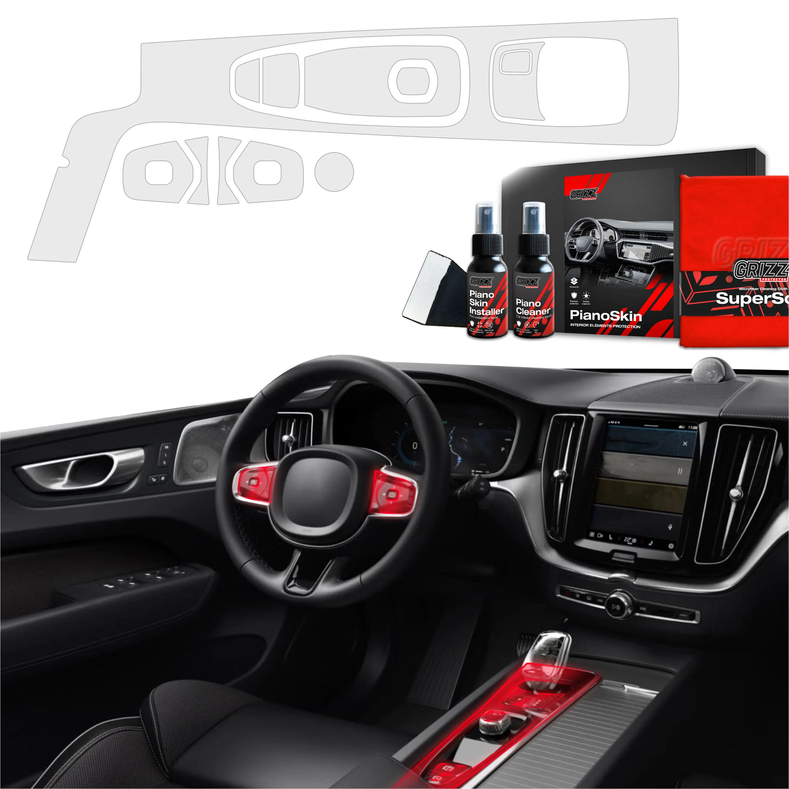 4-in-1 Grizz Schutzfolie Grizz Protector für den Innenraum Volvo XC60 D4 (2020-2021) Anti-Fingerabdruck PianoSkin