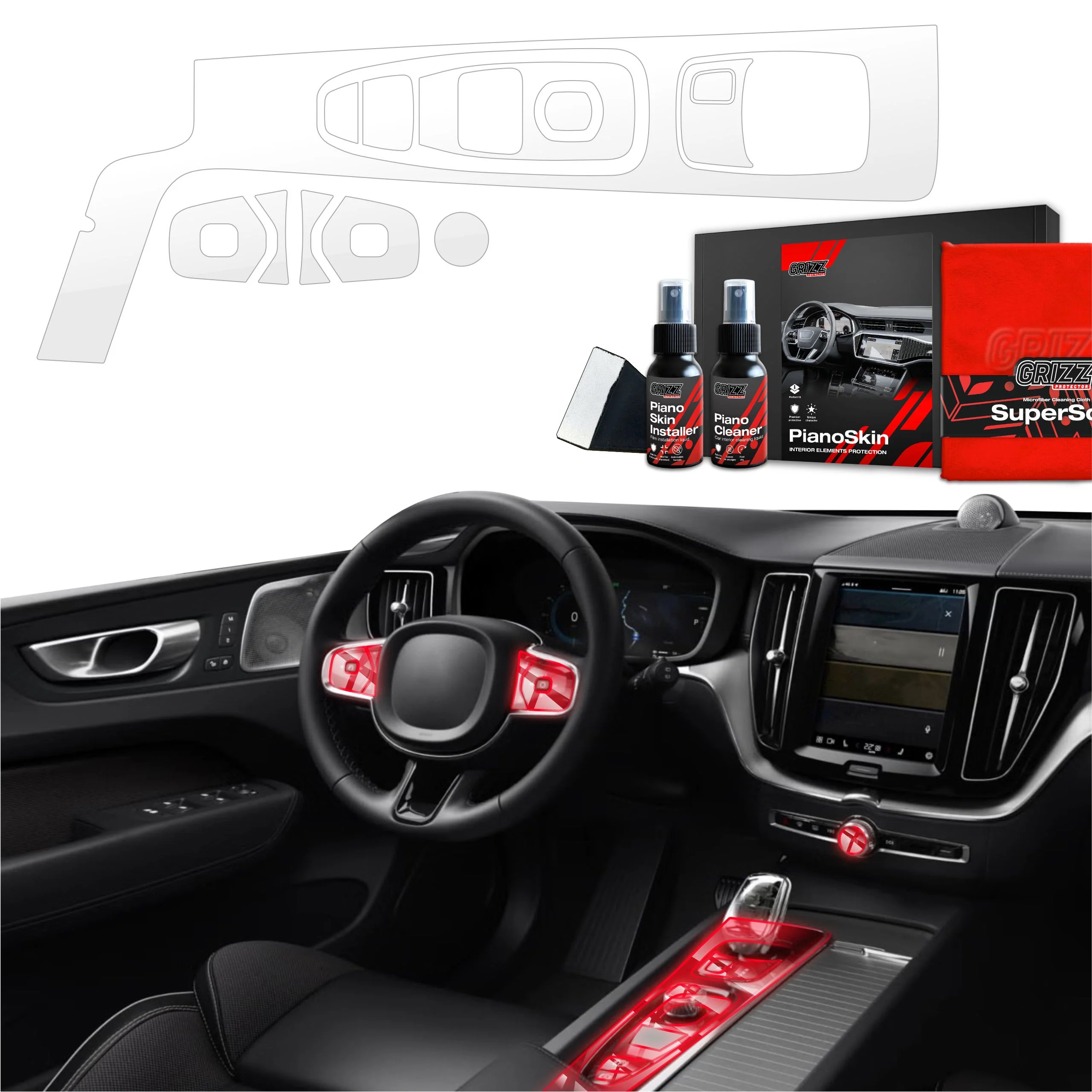 4-in-1 Grizz Schutzfolie Grizz Protector für den Innenraum Volvo XC60 T8 Drive Mode (2019-2021) Transparente PianoSkin