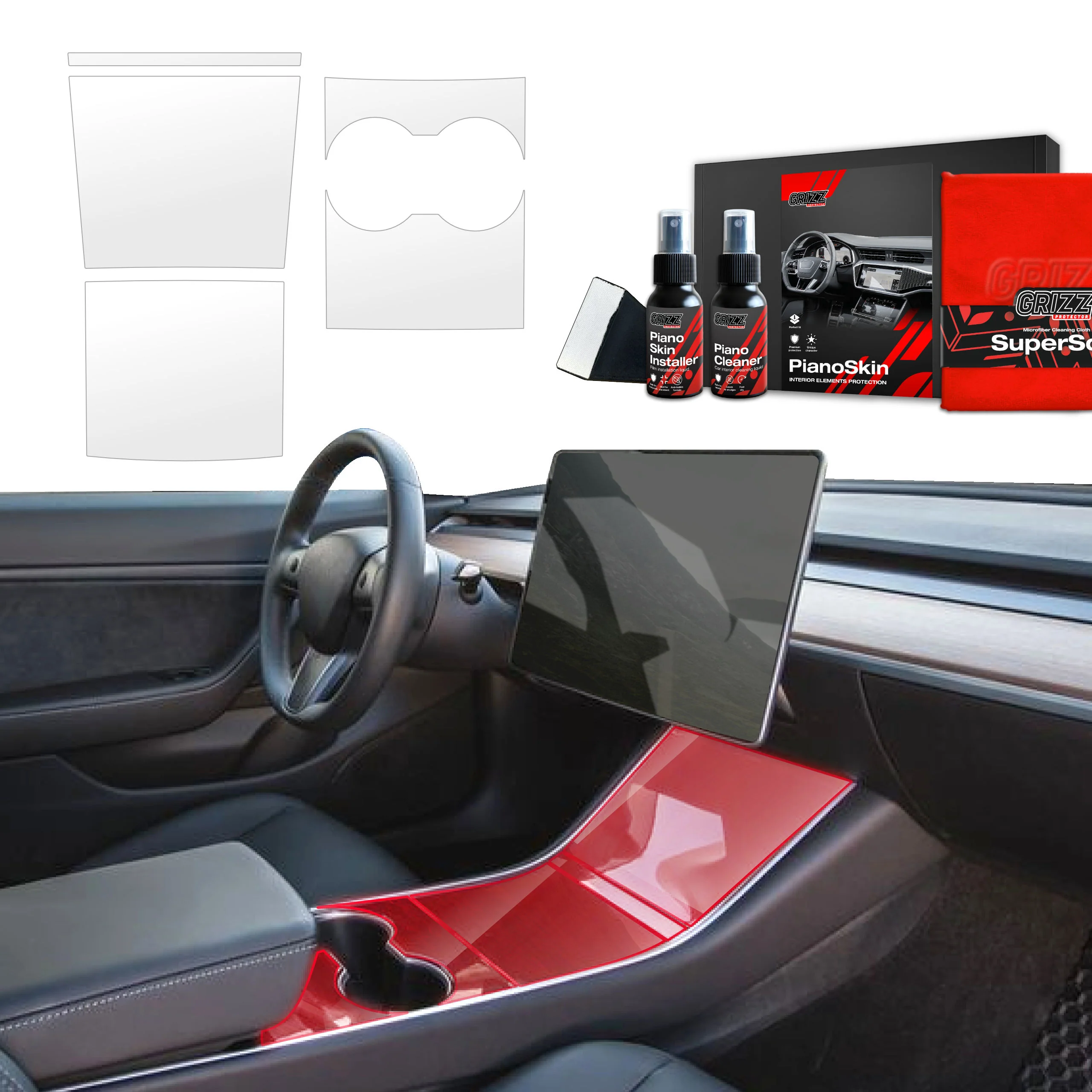 4in1 Mittelkonsole Schutzfolie Grizz Protector für Tesla Model 3 (2017-2020) Glanz