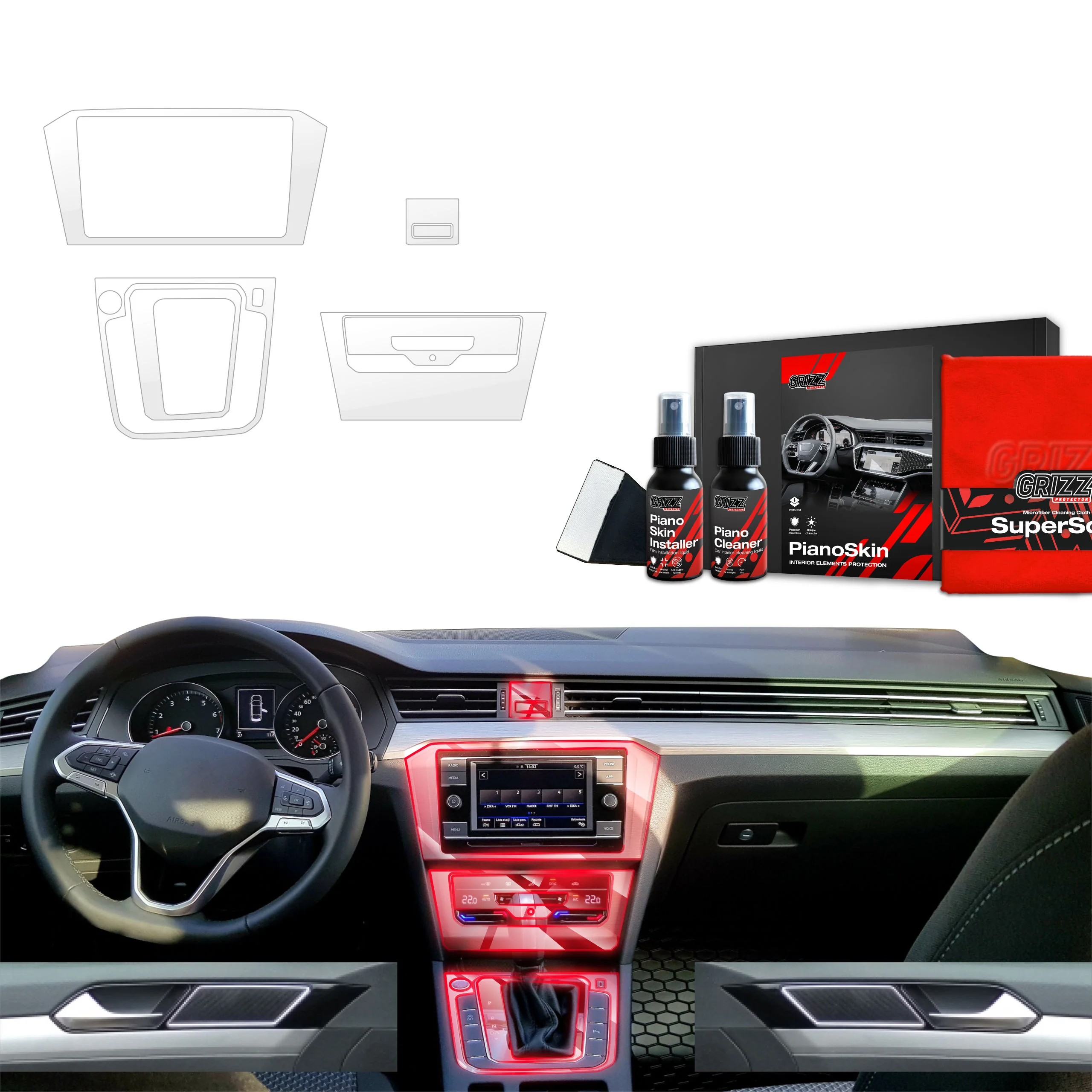 4in1 Mittelkonsole Schutzfolie Grizz Protector für Volkswagen VW Passat B8 (2020-2023) Glanz