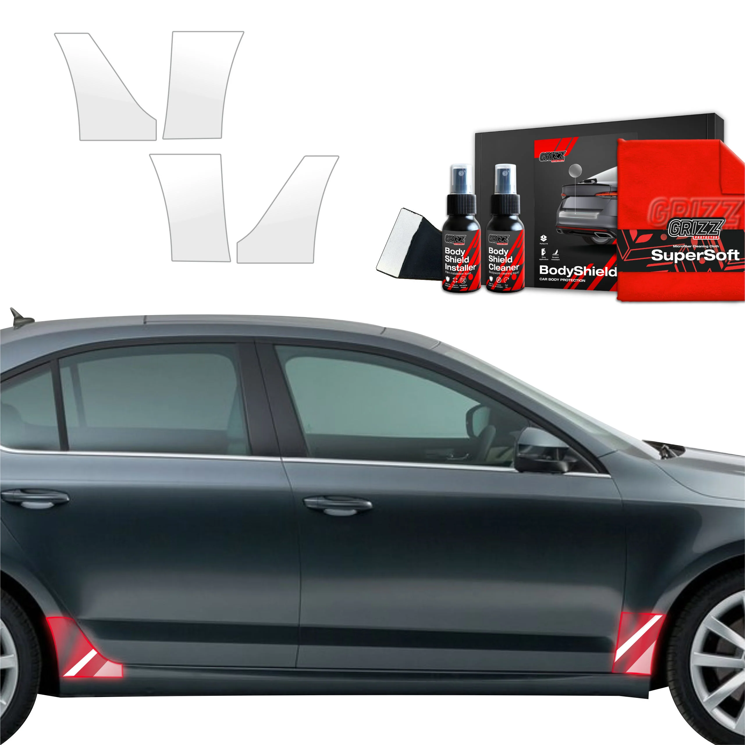 4in1 Schutzfolie Grizz Protector für hinteren & vorderen Seitenschweller - Skoda Octavia 3 (2017-2020)