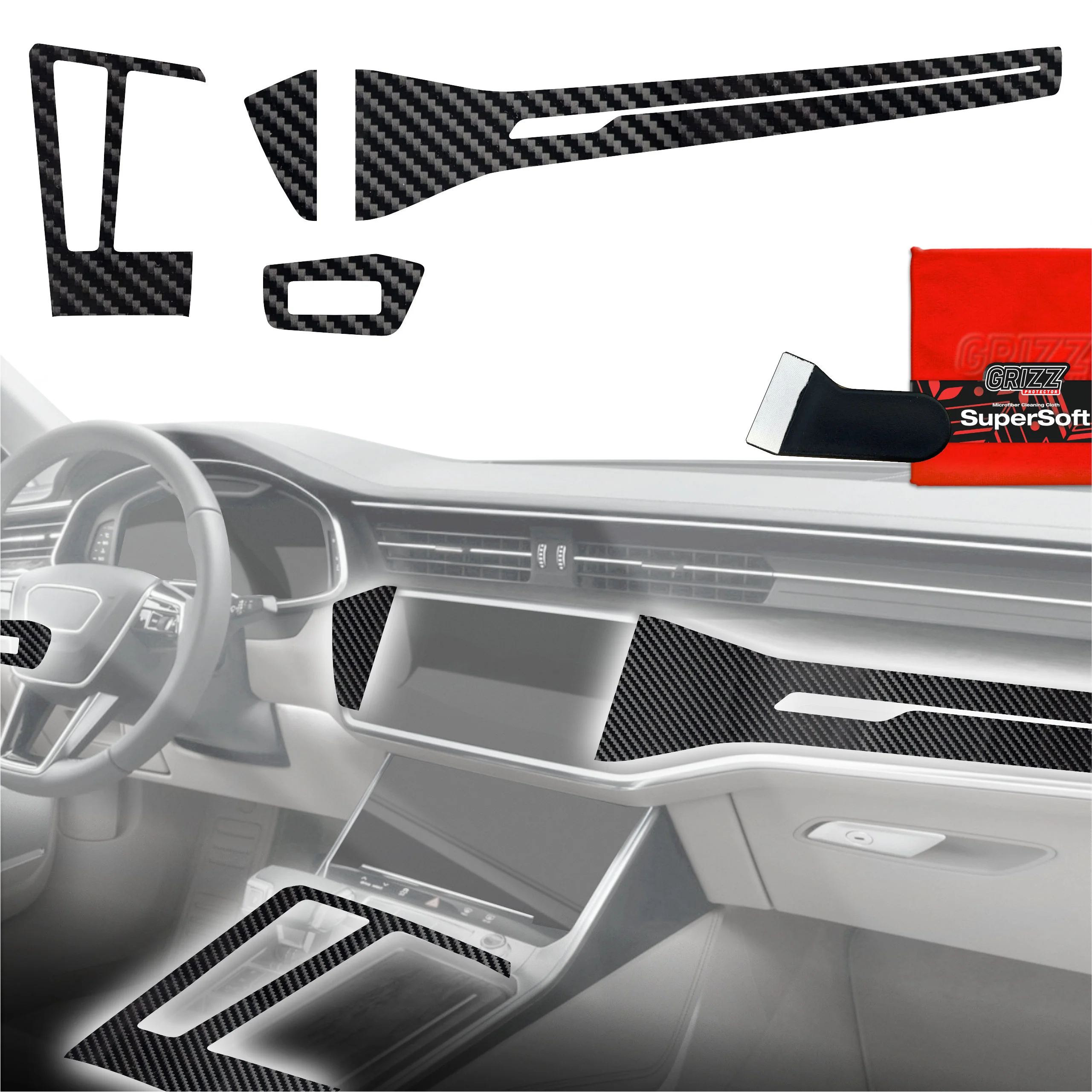 4in1 Schutzfolien Grizz Protector für Mittelkonsole & Armaturenbrett - Audi RS6 C8 (2018-2025) Carbon Optik Glanz