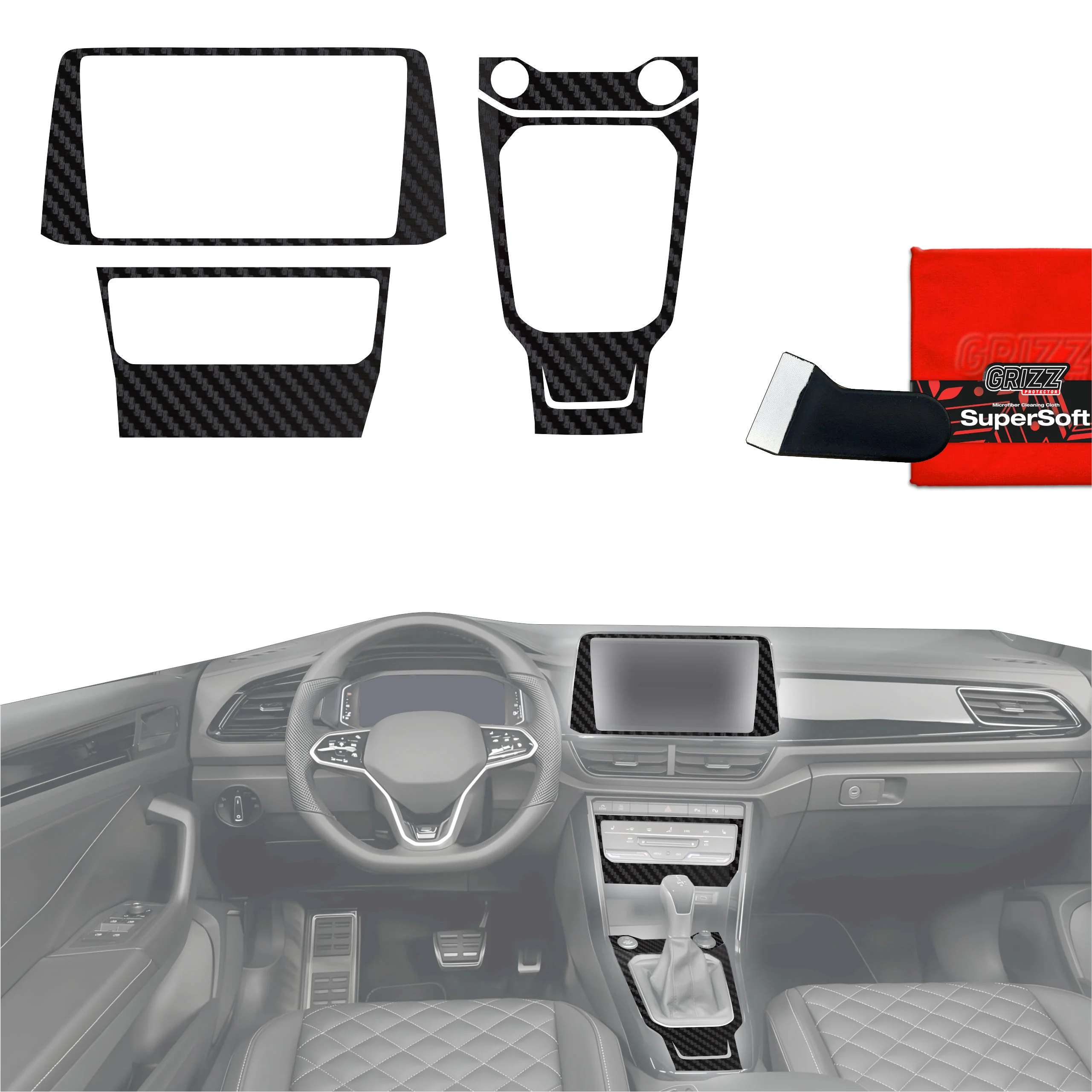 4in1 Schutzfolien Grizz Protector für Mittelkonsole & Armaturenbrett - Volkswagen T-Roc R-Line (2025) Carbon Optik Matt Antifingerprint