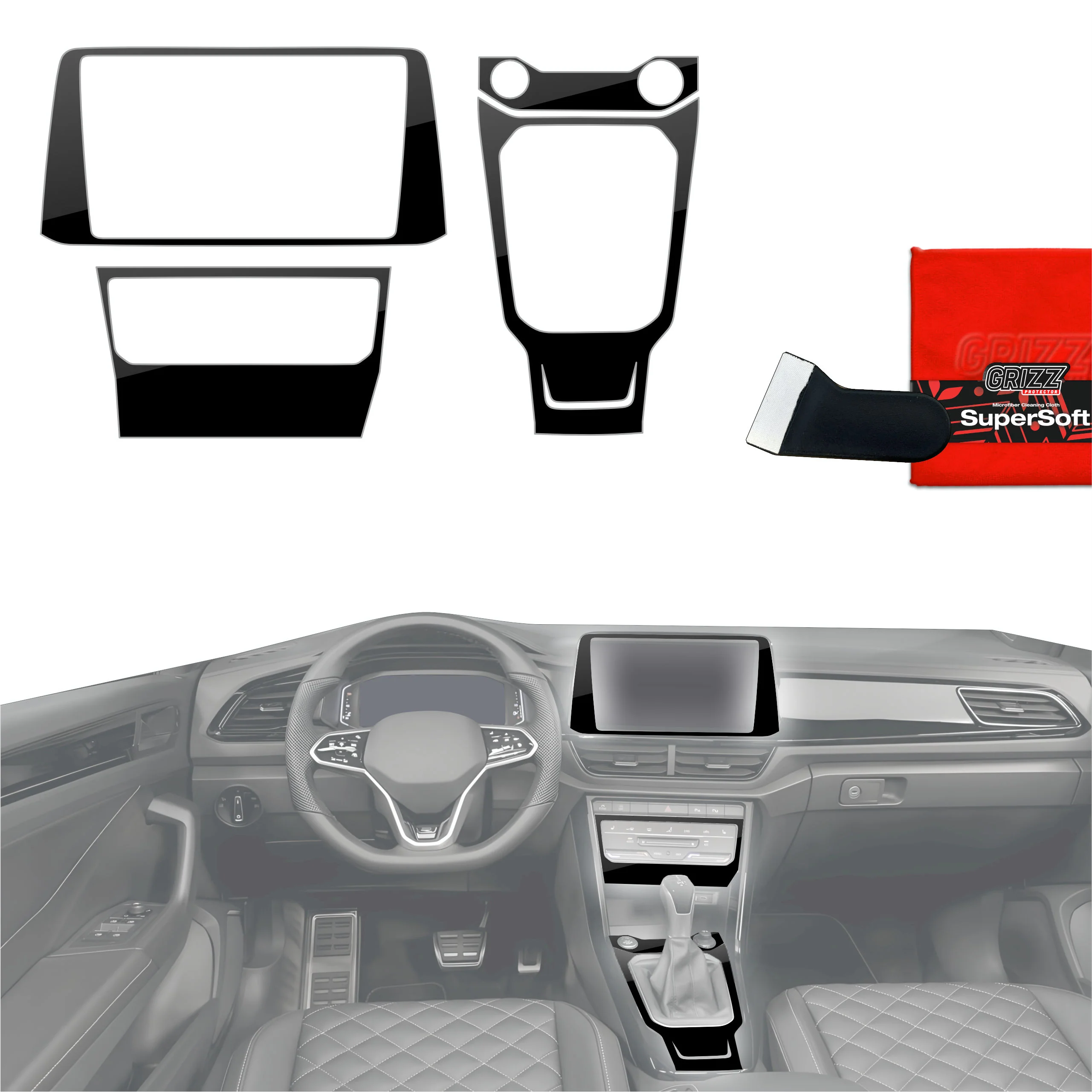 4in1 Schutzfolien Grizz Protector für Mittelkonsole & Armaturenbrett - Volkswagen T-Roc R-Line (2025) Schwarz Glanz
