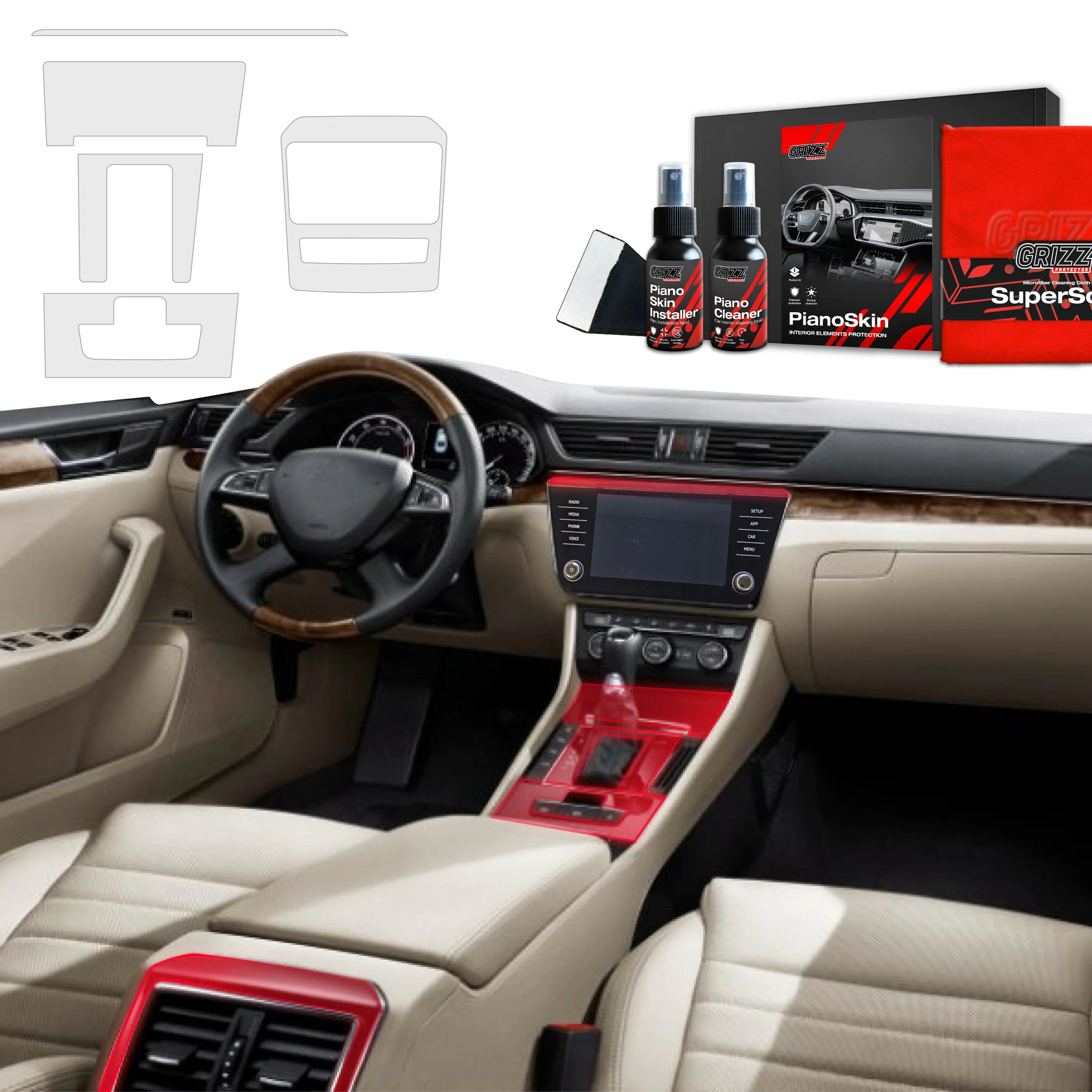 5in1 Mittelkonsole Schutzfolie Grizz Protector für Skoda Superb 3 (2015-2024) Matt