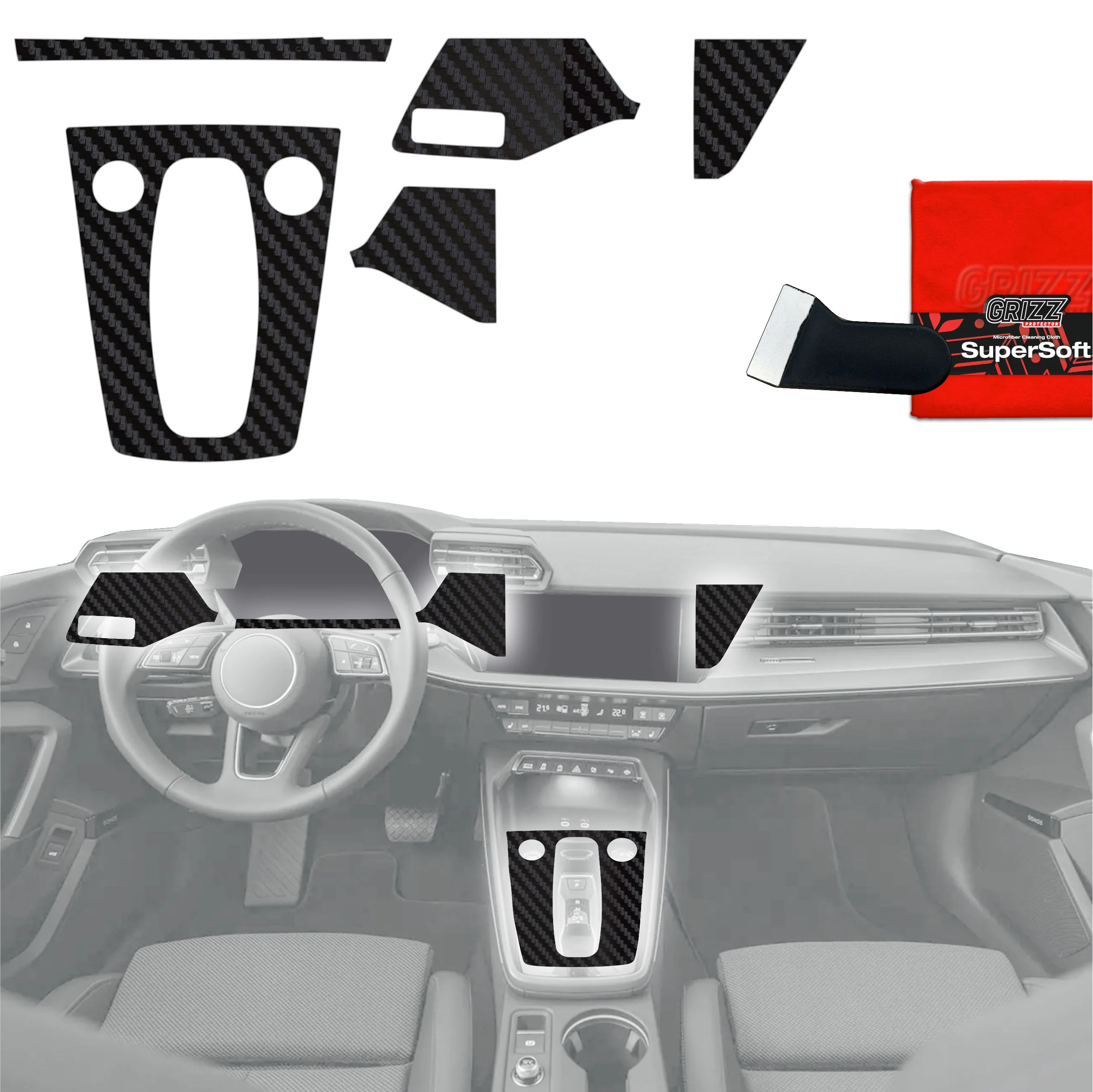 5in1 Schutzfolien Grizz Protector für Mittelkonsole & Armaturenbrett - Audi A3 8Y Facelift (2024-2025) Carbon Optik Matt Antifingerprint