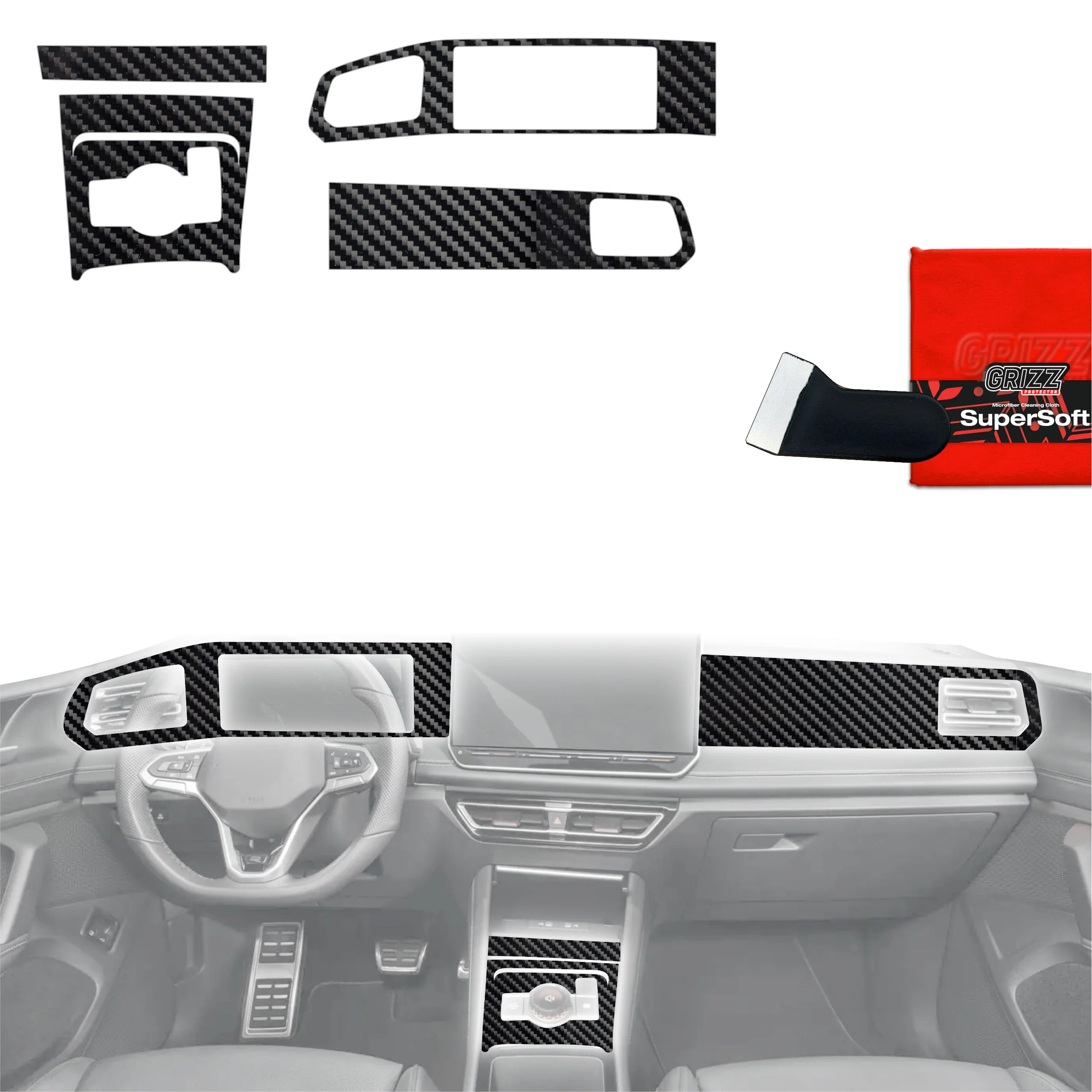 5in1 Schutzfolien Grizz Protector für Mittelkonsole & Armaturenbrett - Volkswagen Tiguan 3 (2024-2025) Carbon Optik Glanz