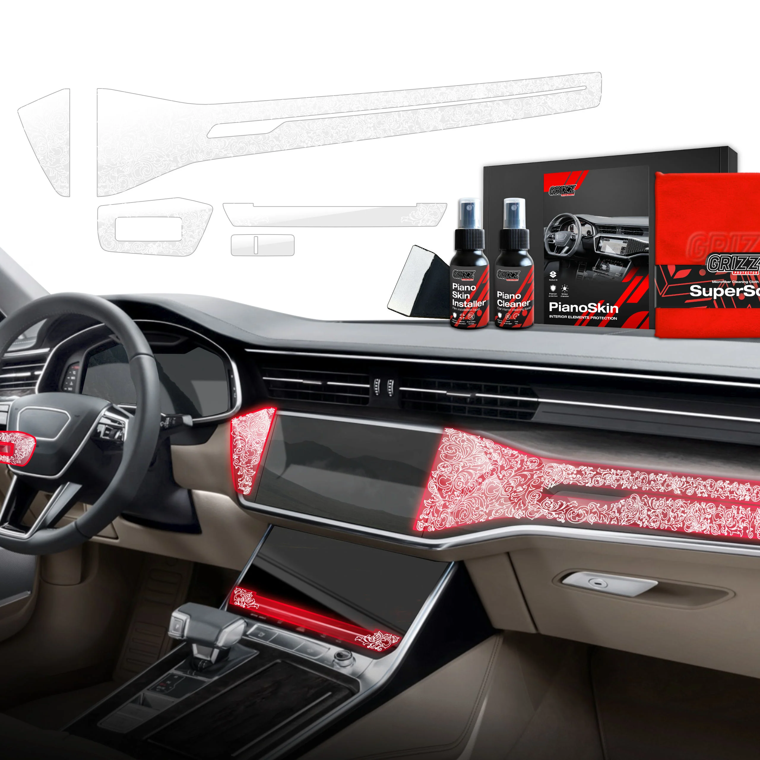 5in1 Schutzfolien Grizz Protector für Mittelkonsole & ArmaturenbrettAudi S7 C8 (2018-2025) Glanz Floral