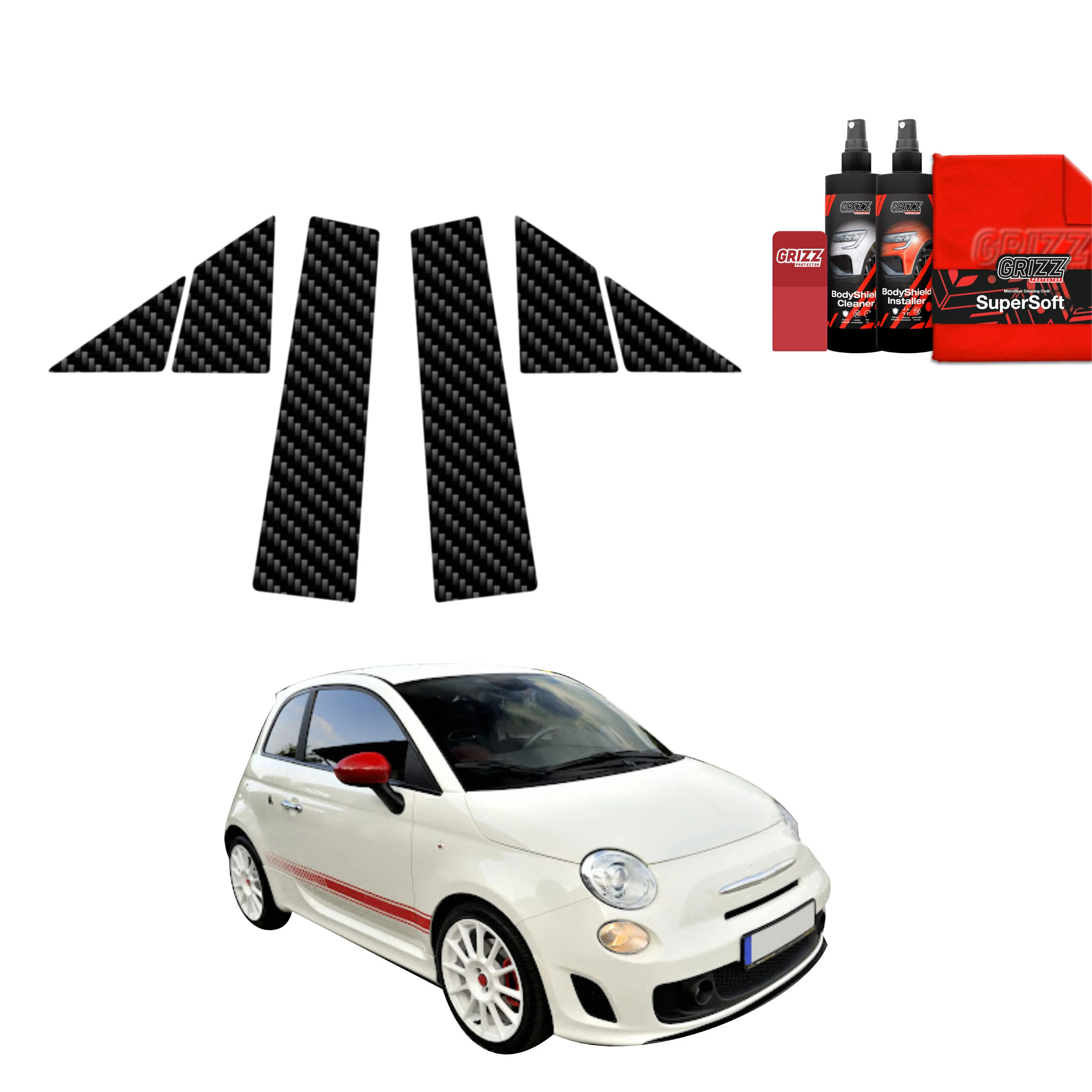 6in1 Kohlenstoff Schutzfolie Grizz Protector für A-B-Säule - Abarth 500 (2016-2023)
