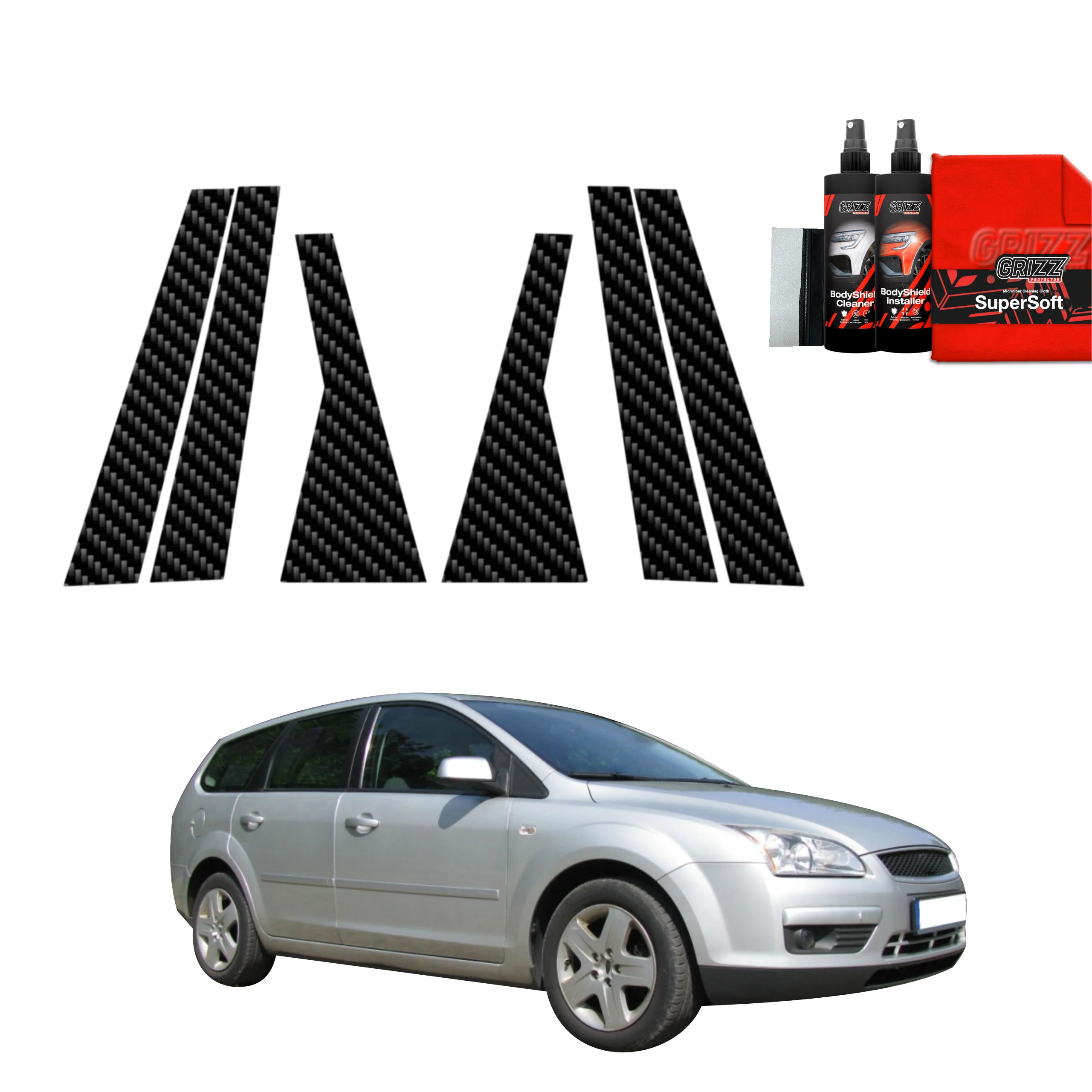 6in1 Kohlenstoff Schutzfolie Grizz Protector für B-C-Säule - Ford Focus Mk2 Kombi (2004-2007)