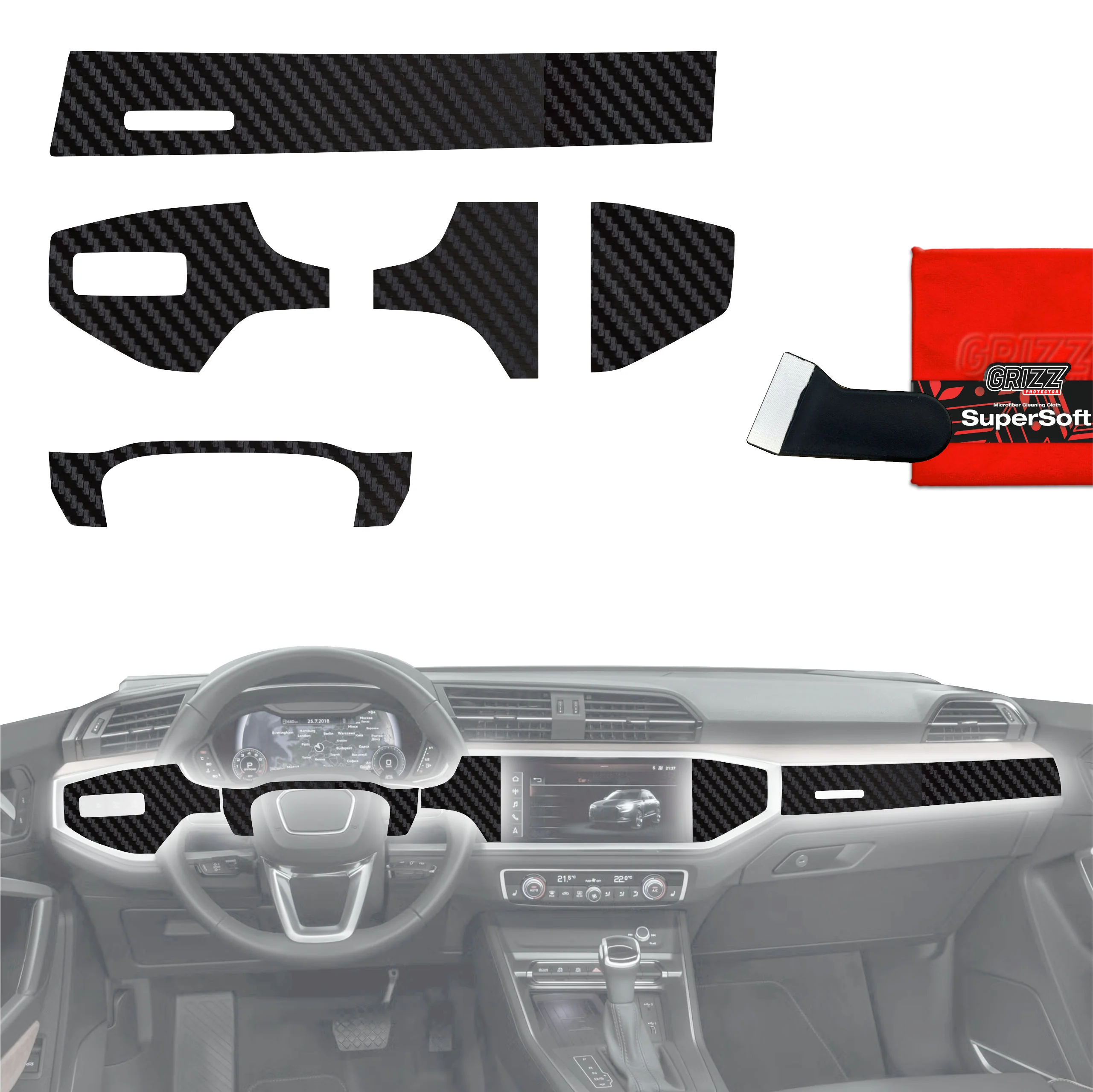 6in1 Schutzfolien Grizz Protector für Mittelkonsole & Armaturenbrett - Audi Q3 (2018-2025) Carbon Optik Matt Antifingerprint