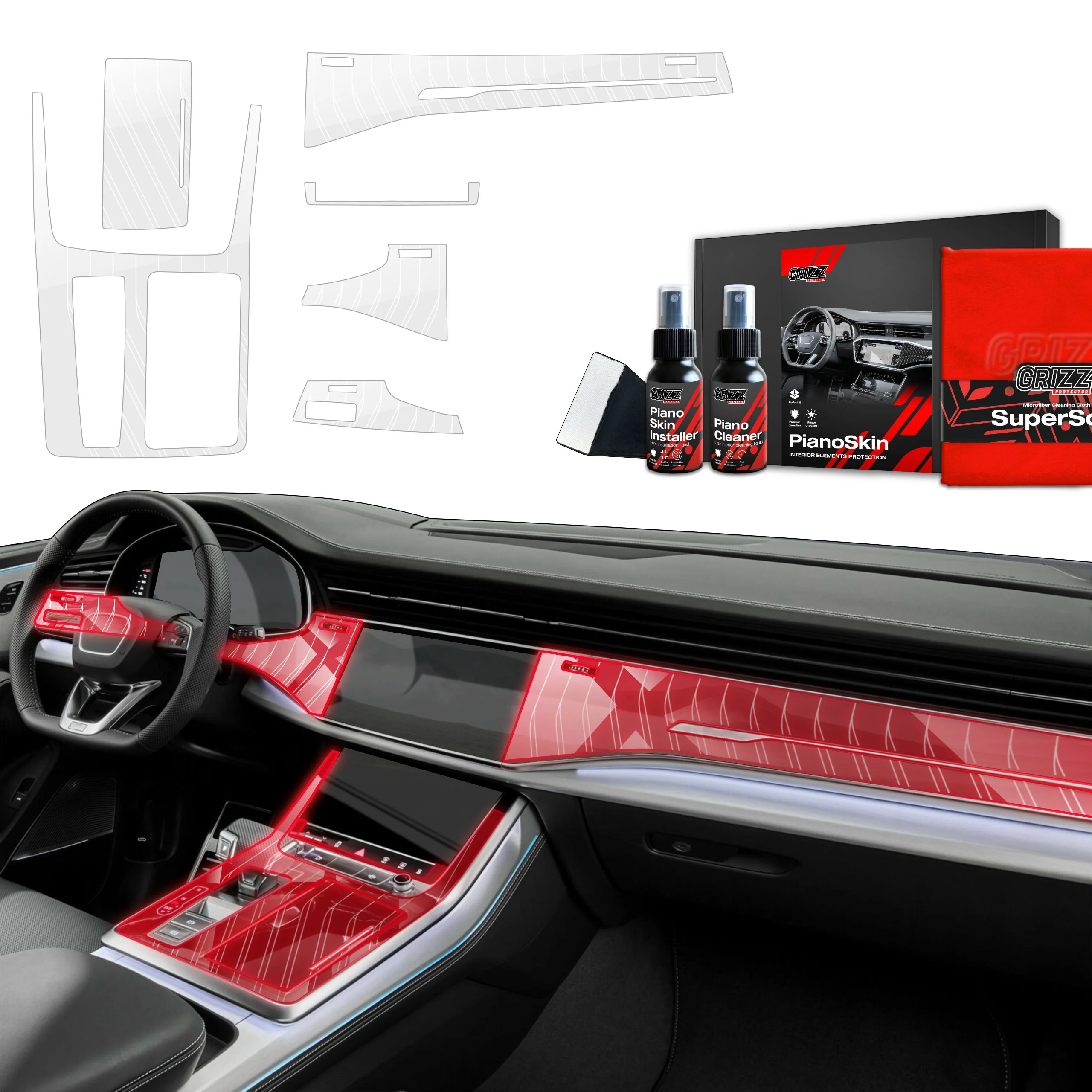 6in1 Schutzfolien Grizz Protector für Mittelkonsole & Armaturenbrett - Audi SQ8 (2018-2025) Glanz Dynamic