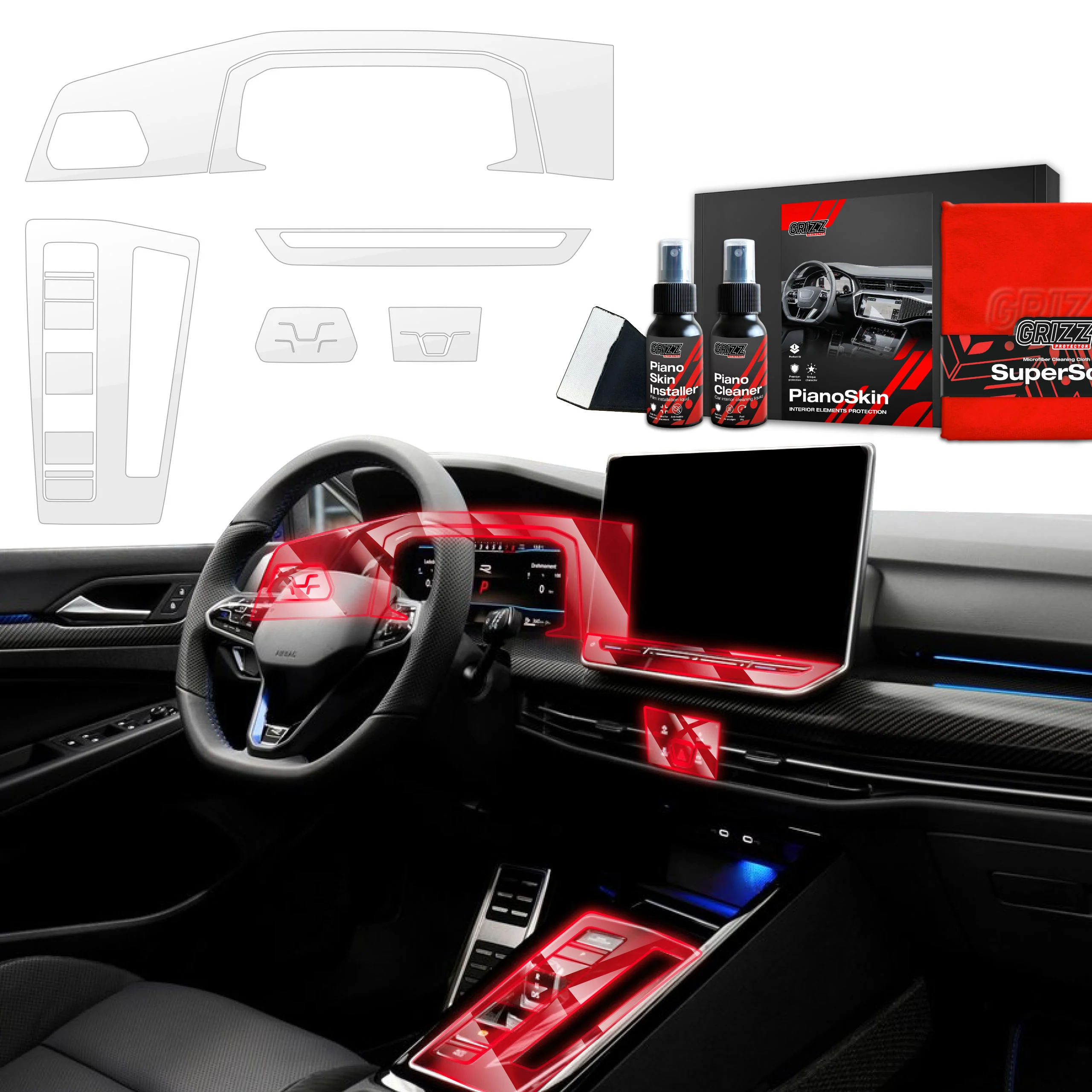 6in1 Schutzfolien Grizz Protector für Mittelkonsole & Armaturenbrett - VW Golf 8 (2024-2025) Glanz