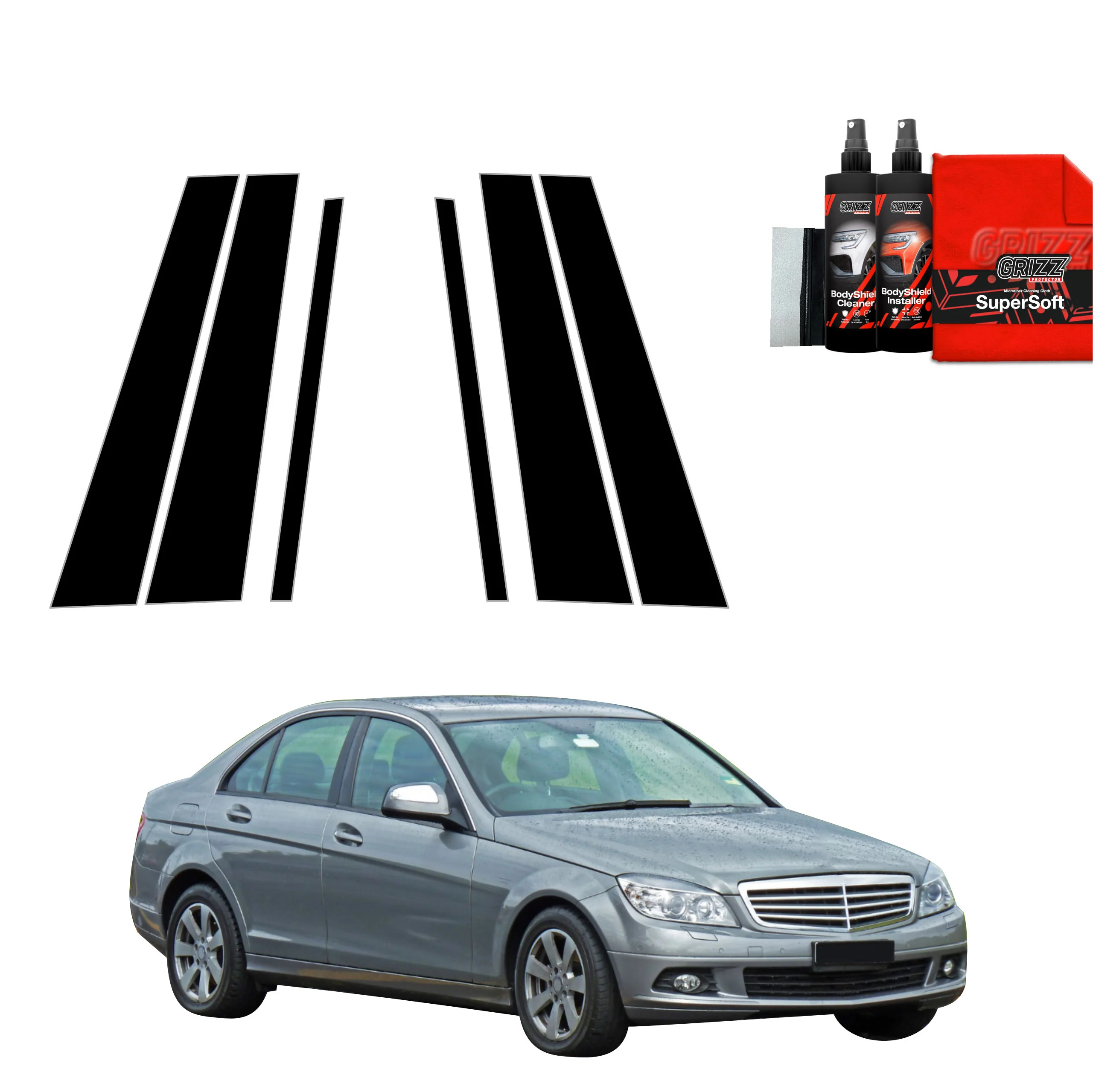 6in1 Schwarze Grizz Protector schutzfolie für B-C-Säule - Mercedes Benz C Klasse W204 Sedan (2007-2011)