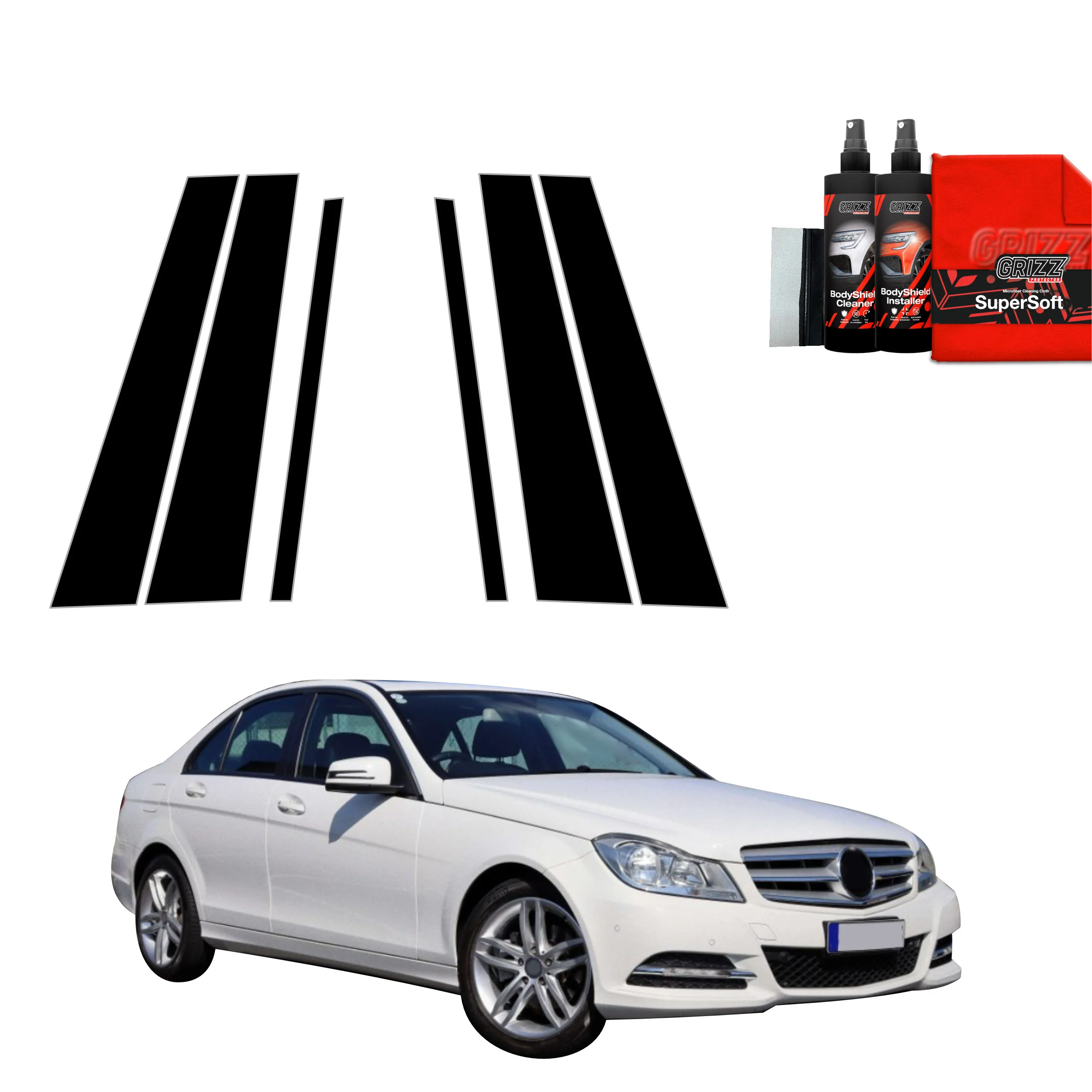 6in1 Schwarze Grizz Protector schutzfolie für B-C-Säule - Mercedes Benz C Klasse W204 Sedan Facelifting (2011-2014)