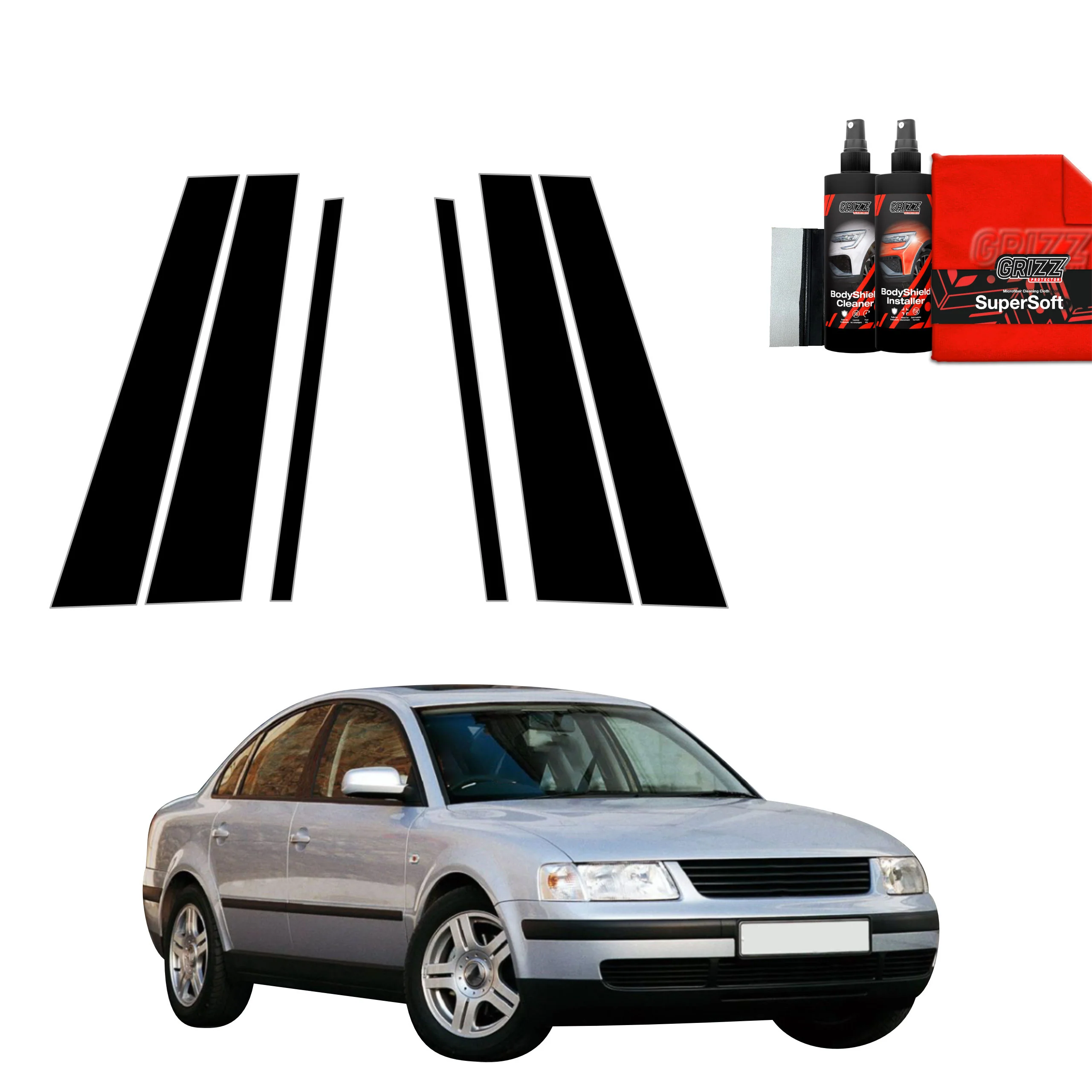 6in1 Schwarze Grizz Protector schutzfolie für B-C-Säule - Volkswagen Passat B5 Sedan (1996-2000)
