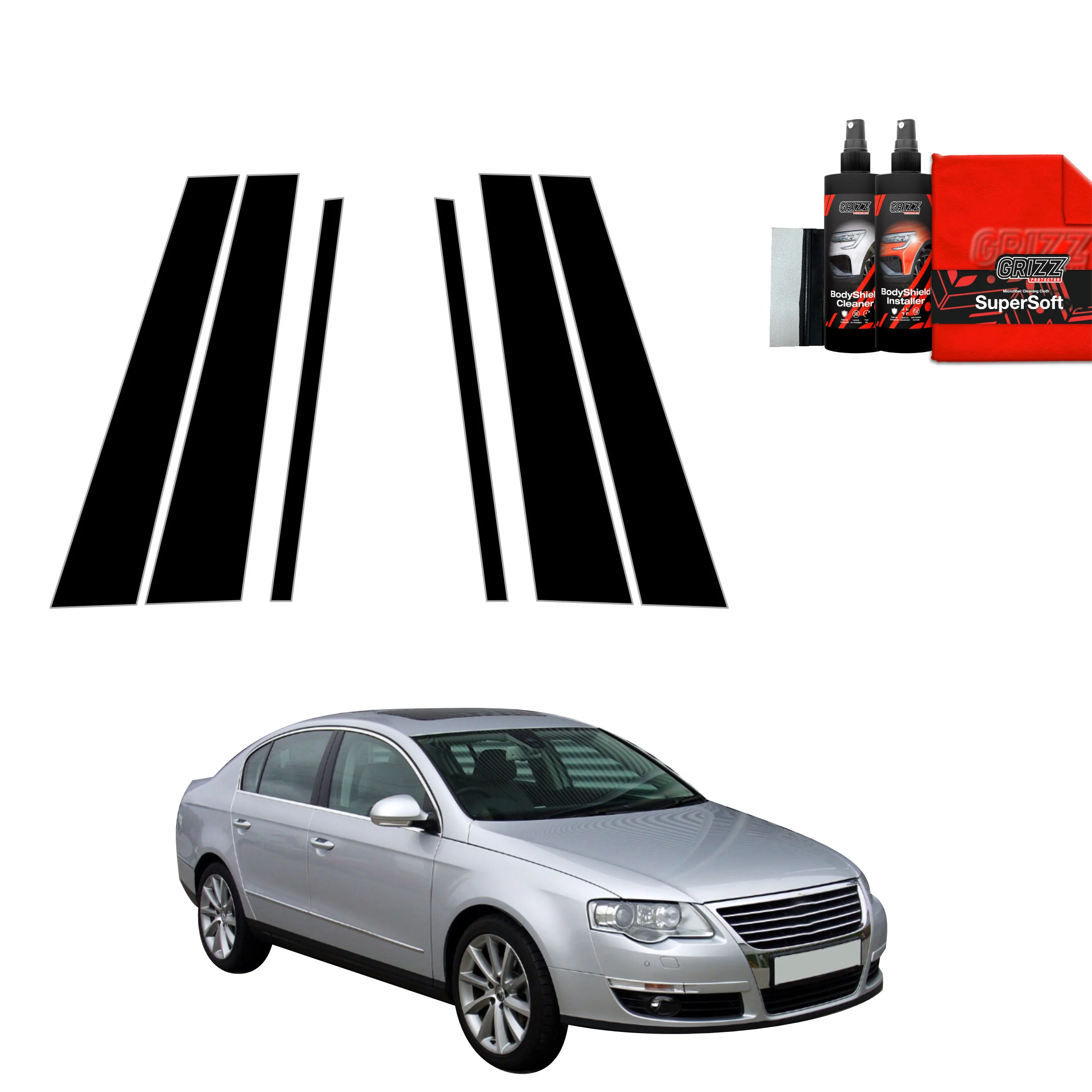 6in1 Schwarze Grizz Protector schutzfolie für B-C-Säule - Volkswagen Passat B6 Sedan (2005-2010)