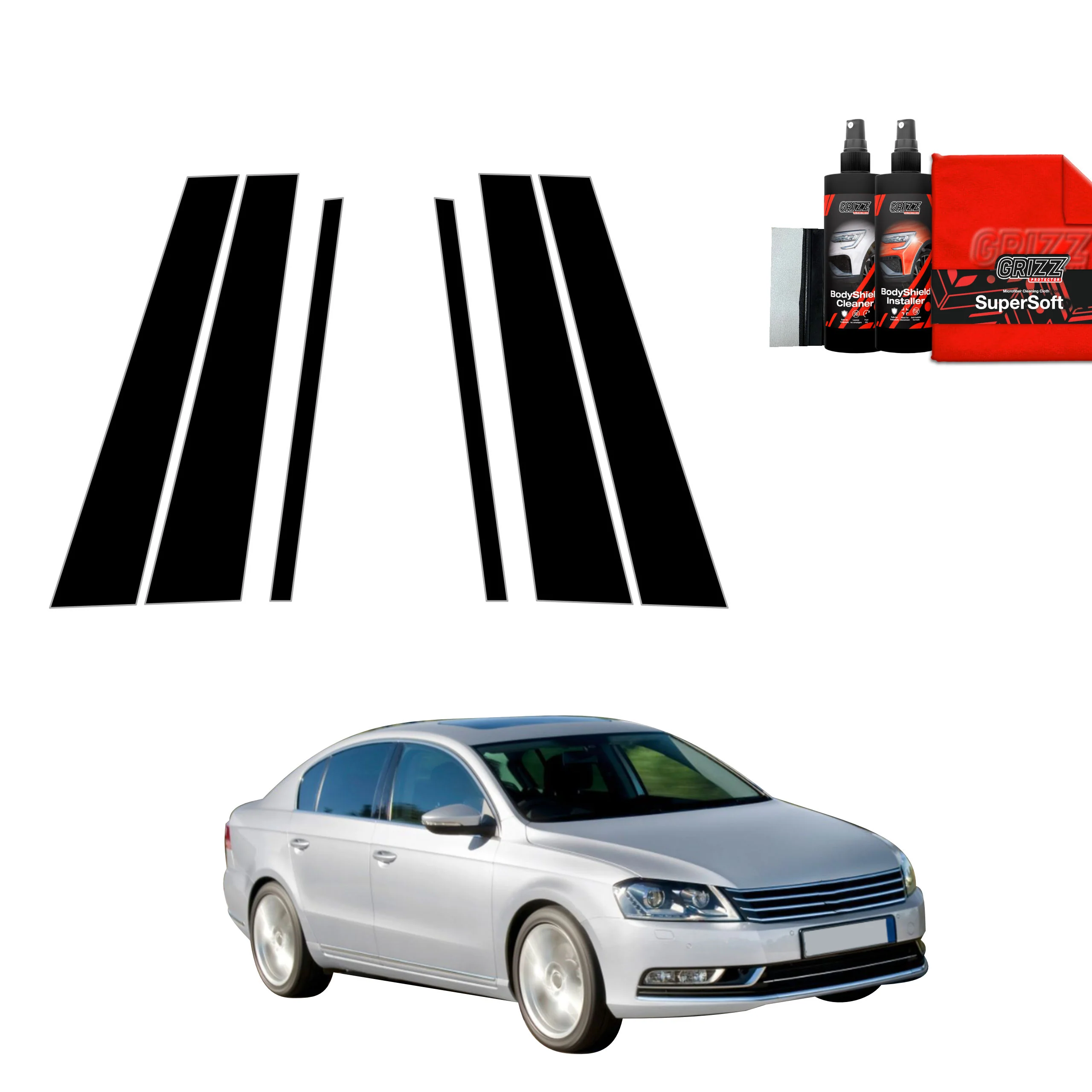 6in1 Schwarze Grizz Protector schutzfolie für B-C-Säule - Volkswagen Passat B7 Sedan (2010-2014)