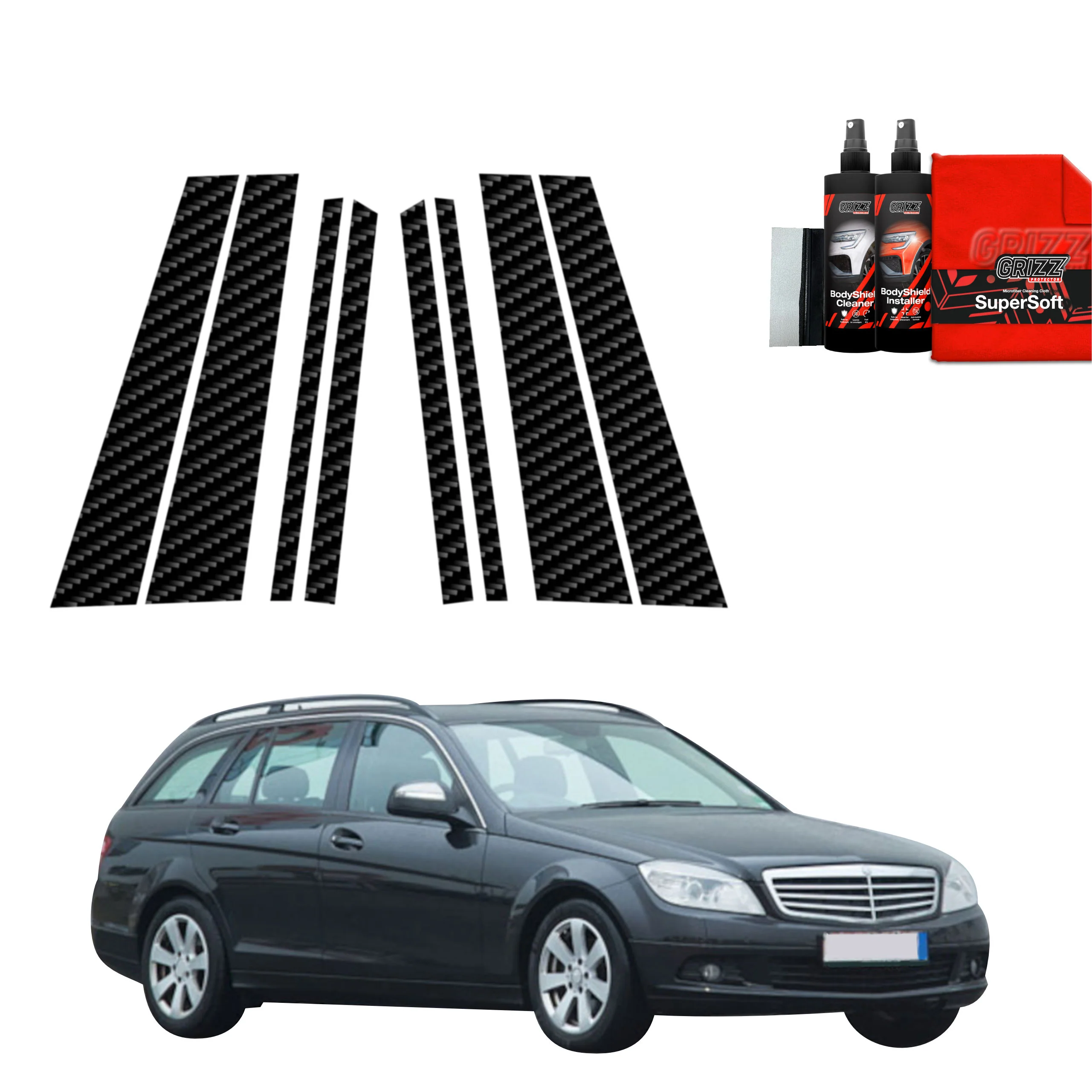 8in1 Kohlenstoff Schutzfolie Grizz Protector für B-C-Säule - Mercedes Benz C Klasse S204 Kombi (2007-2011)