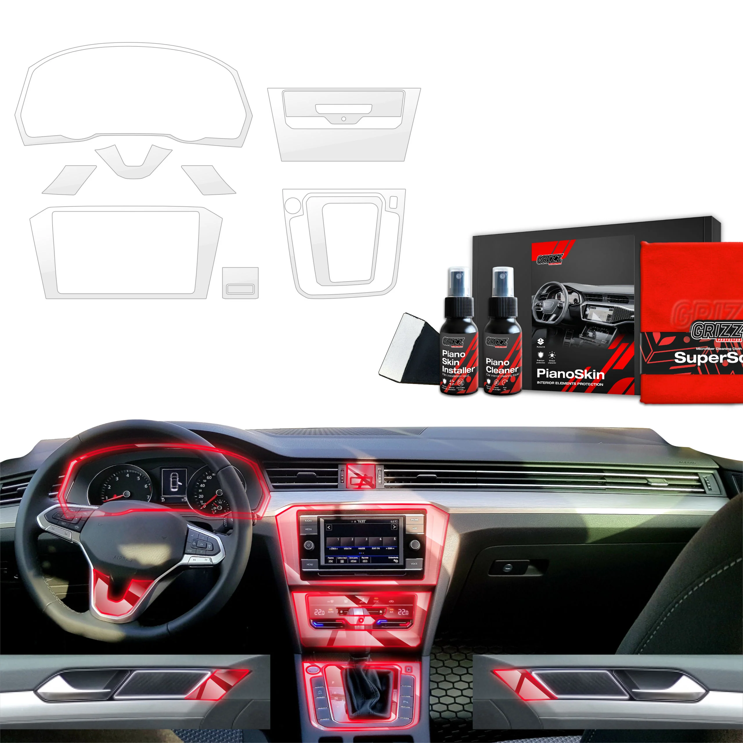 8in1 Mittelkonsole Schutzfolie Grizz Protector für Volkswagen VW Passat B8 (2020-2023) Glanz
