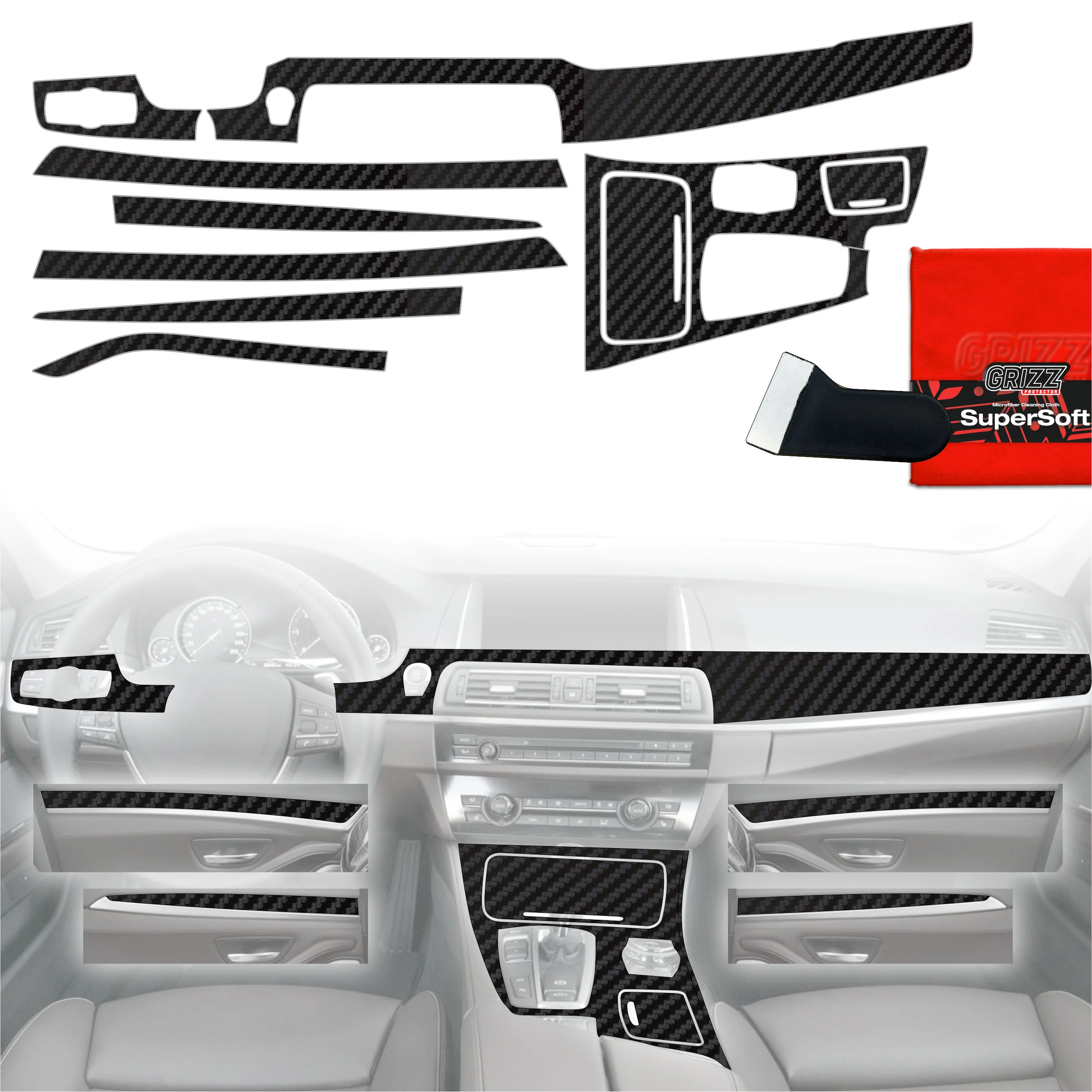 8in1 Schutzfolien Grizz Protector für Mittelkonsole & Armaturenbrett - BMW 5 F10 (2012-2017) Carbon Optik Matt Antifingerprint