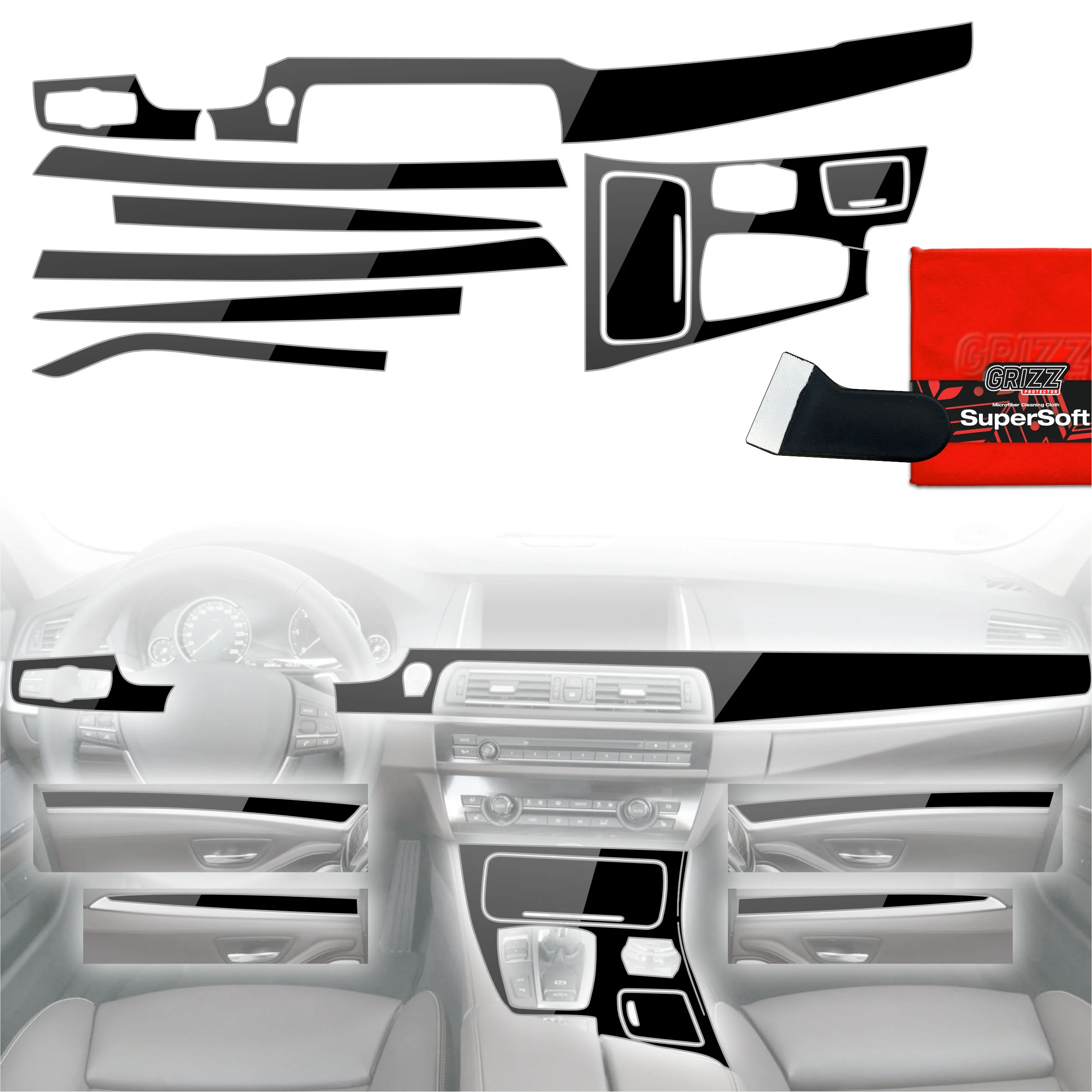 8in1 Schutzfolien Grizz Protector für Mittelkonsole & Armaturenbrett - BMW 5 F10 (2012-2017) Schwarz Glanz