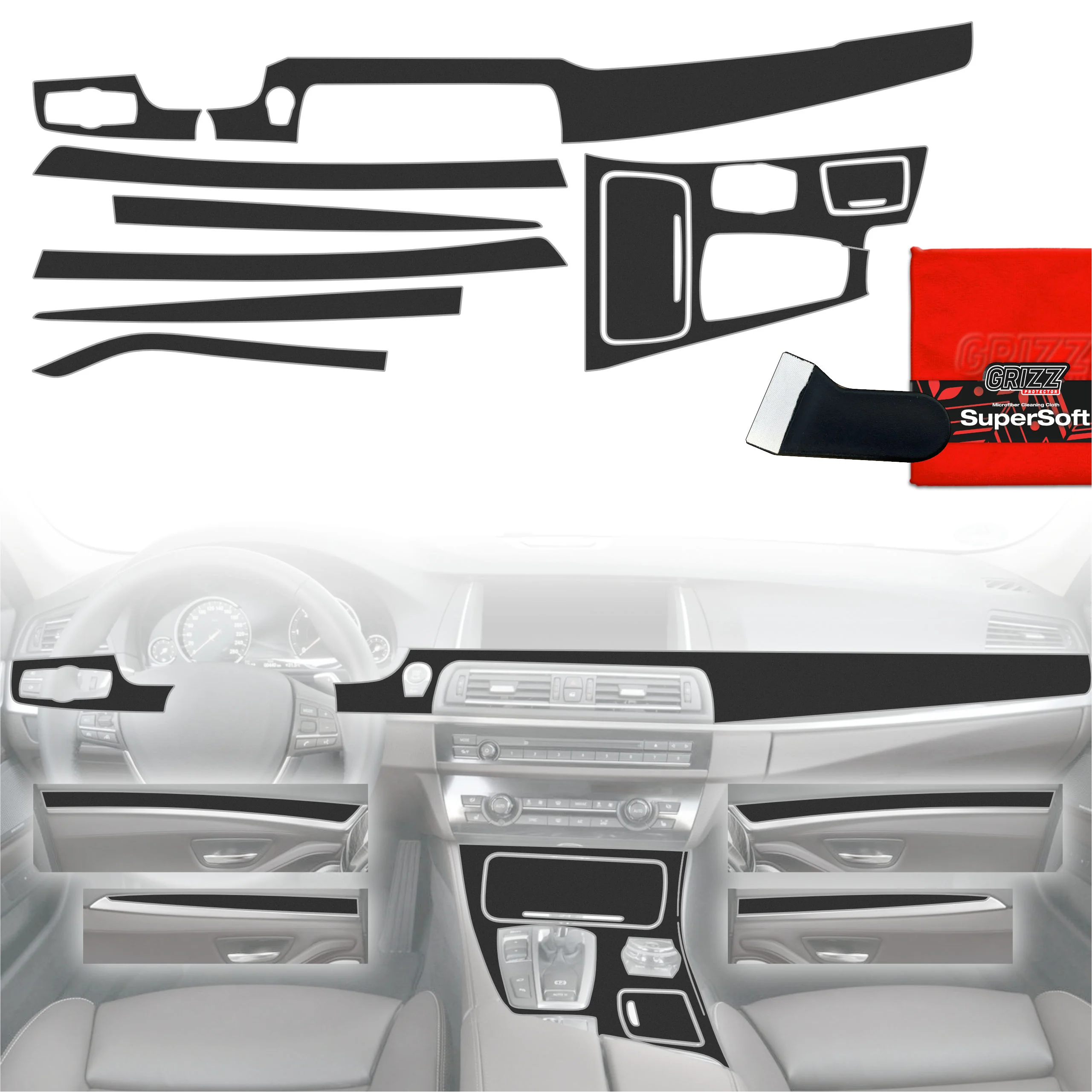 8in1 Schutzfolien Grizz Protector für Mittelkonsole & Armaturenbrett - BMW 5 F10 (2012-2017) Schwarz Matt Antifingerprint
