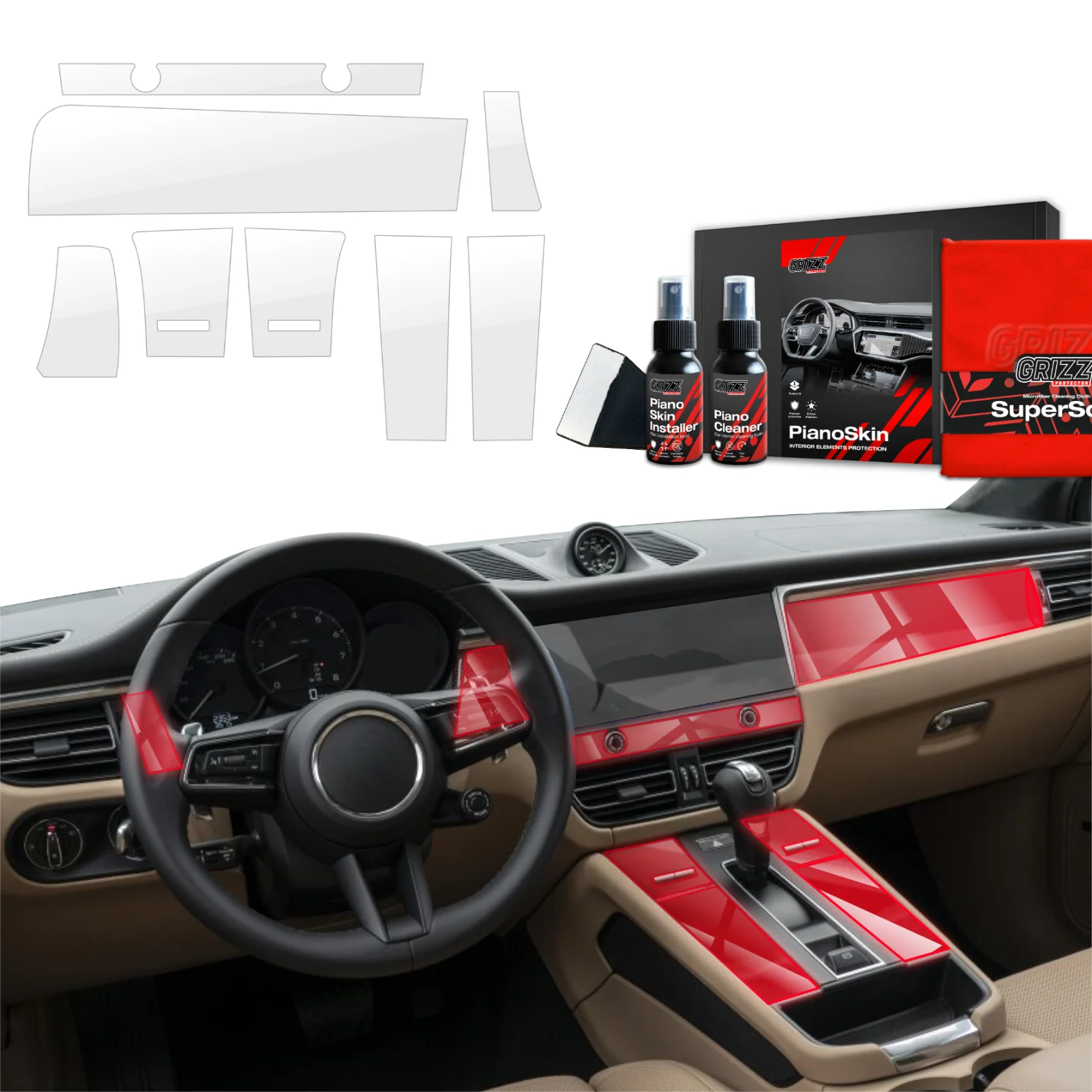 8in1 Schutzfolien Grizz Protector für Mittelkonsole & Armaturenbrett - Porsche Macan S (2021-2024) Glanz