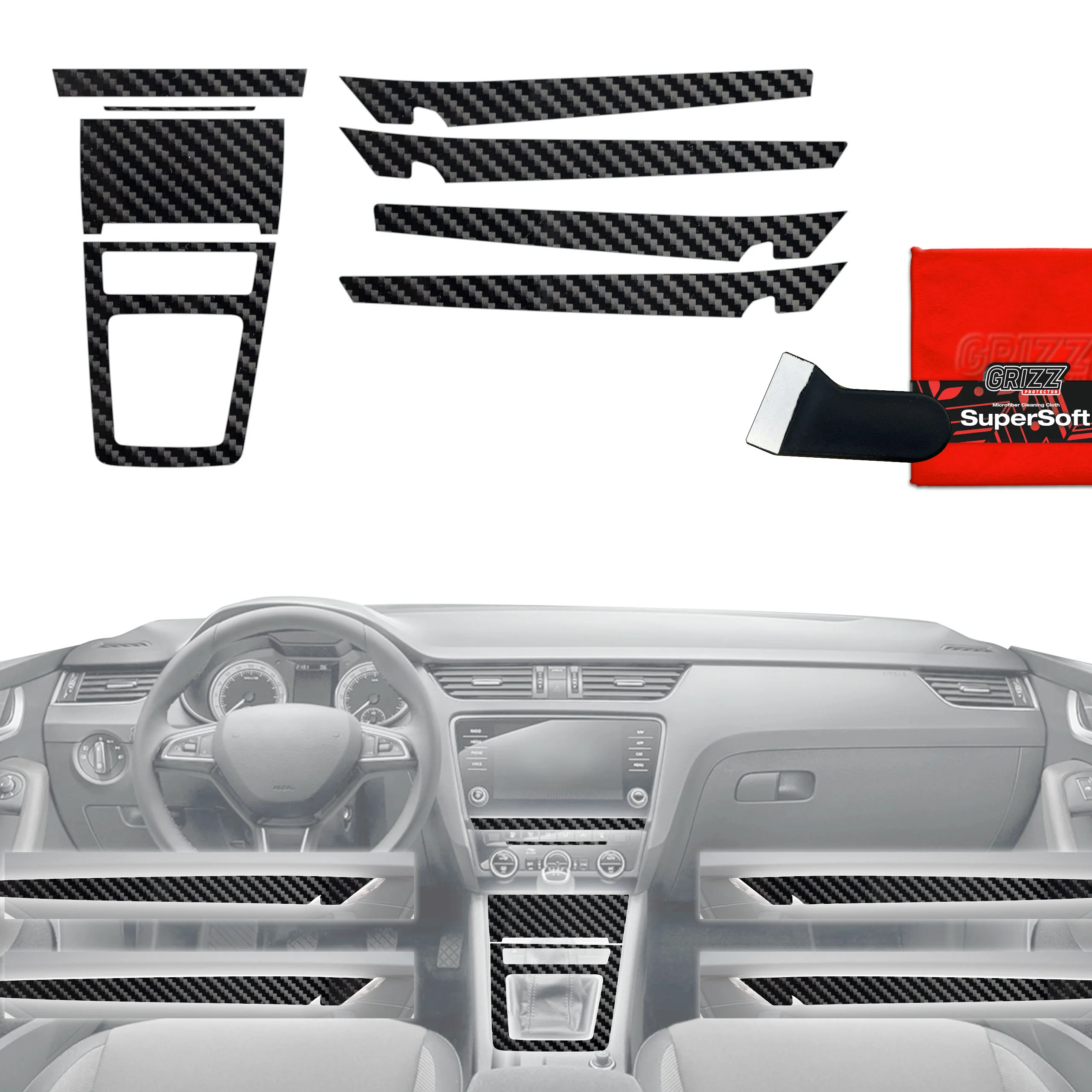 8in1 Schutzfolien Grizz Protector für Mittelkonsole & Armaturenbrett - Skoda Octavia 3 (2017-2020) Carbon Optik Glanz