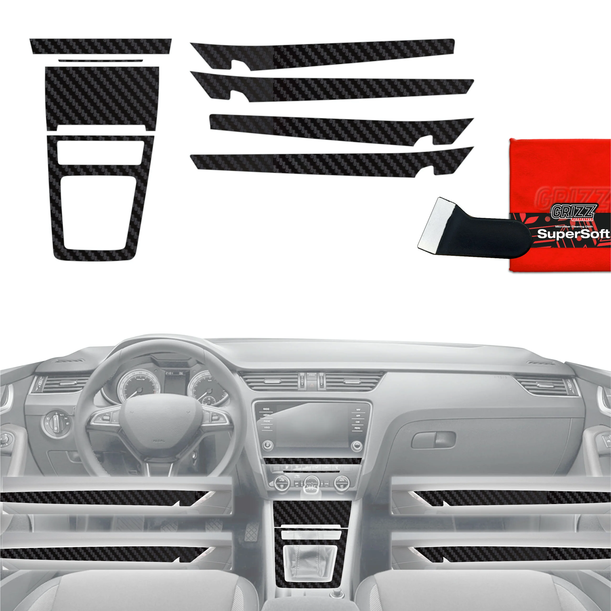 8in1 Schutzfolien Grizz Protector für Mittelkonsole & Armaturenbrett - Skoda Octavia 3 (2017-2020) Carbon Optik Matt Antifingerprint