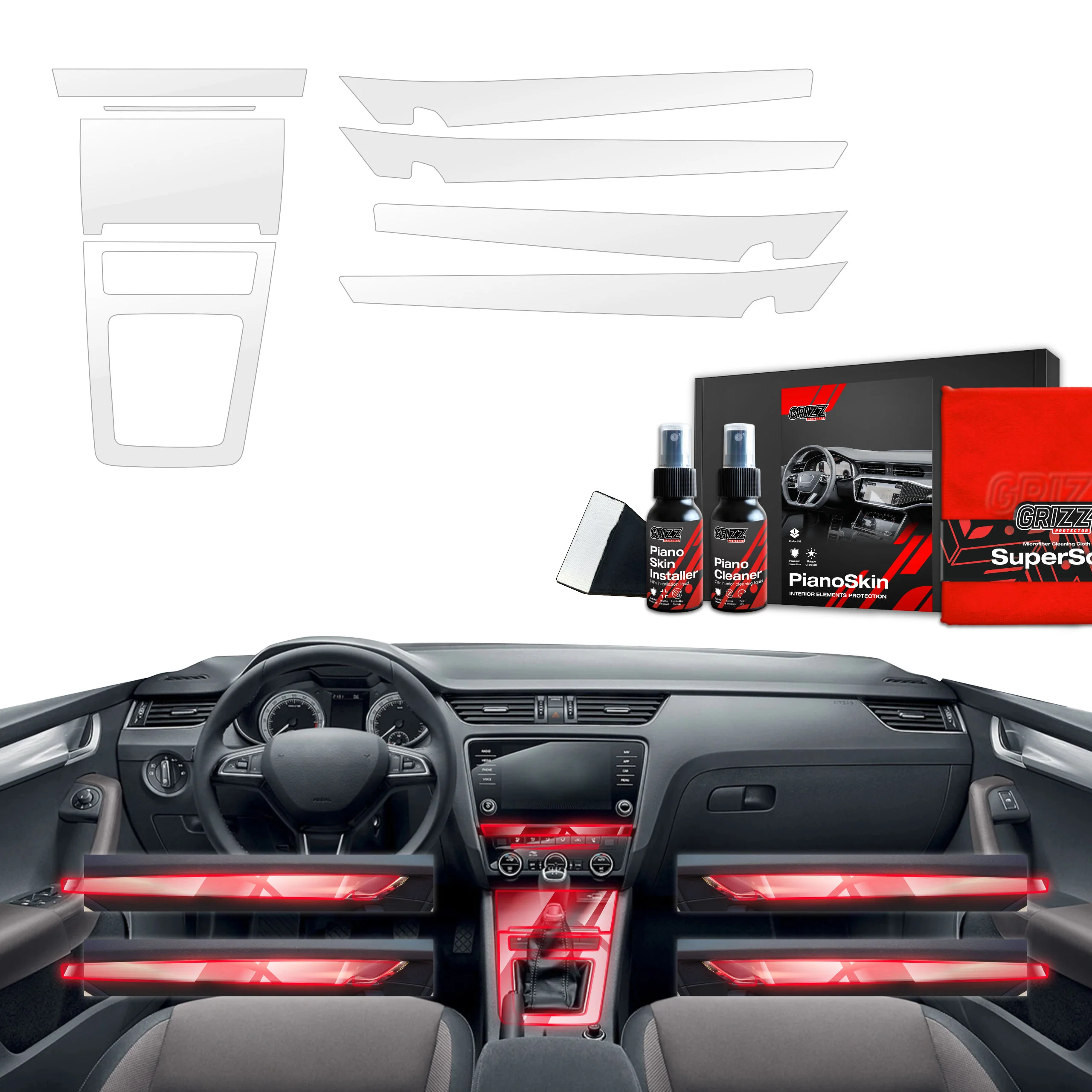 8in1 Schutzfolien Grizz Protector für Mittelkonsole & Armaturenbrett - Skoda Octavia 3 (2017-2020) Glanz